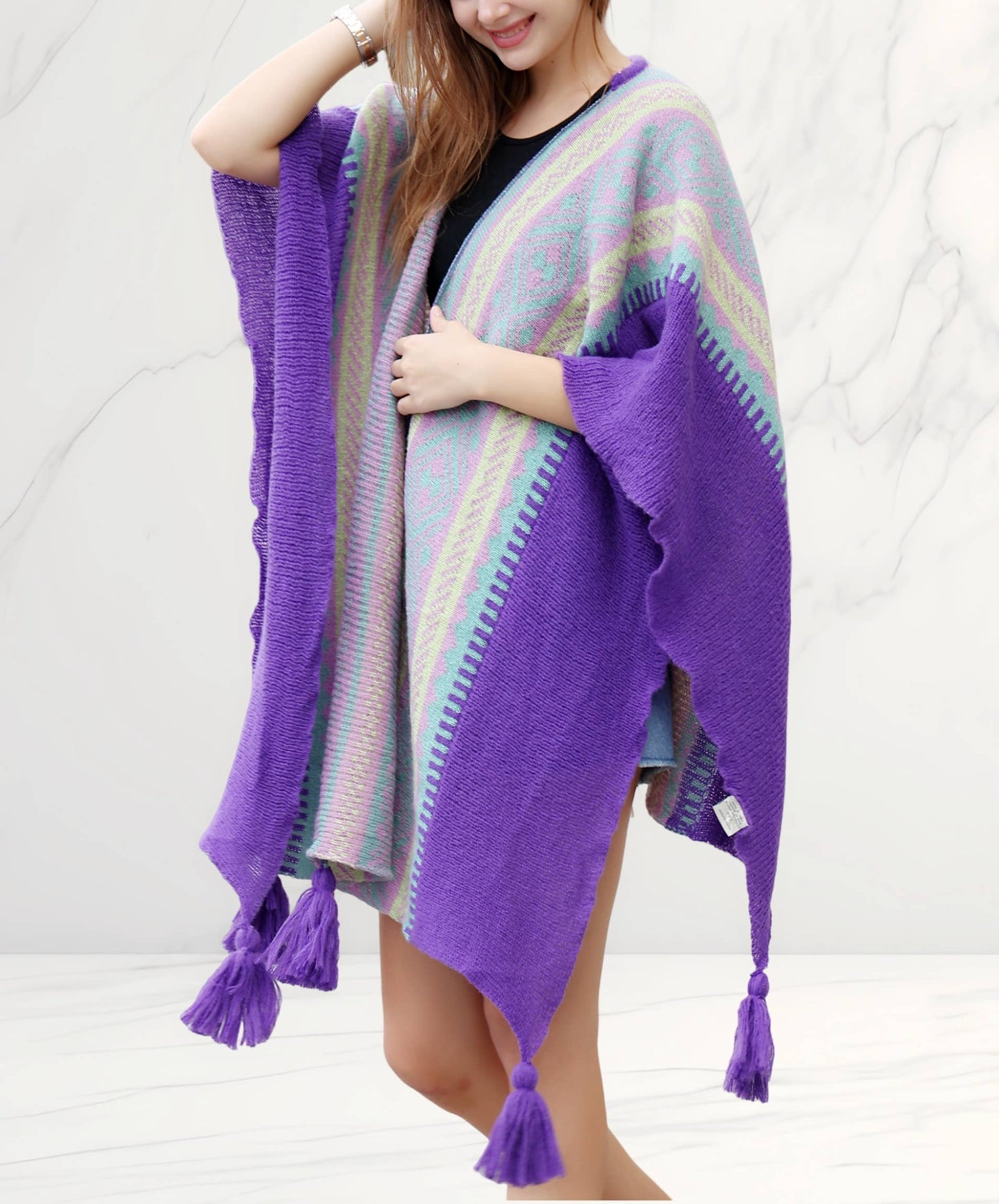 JC Sunny Fashion - Knitted Open Front Poncho with Traditional Ethnic Patterns