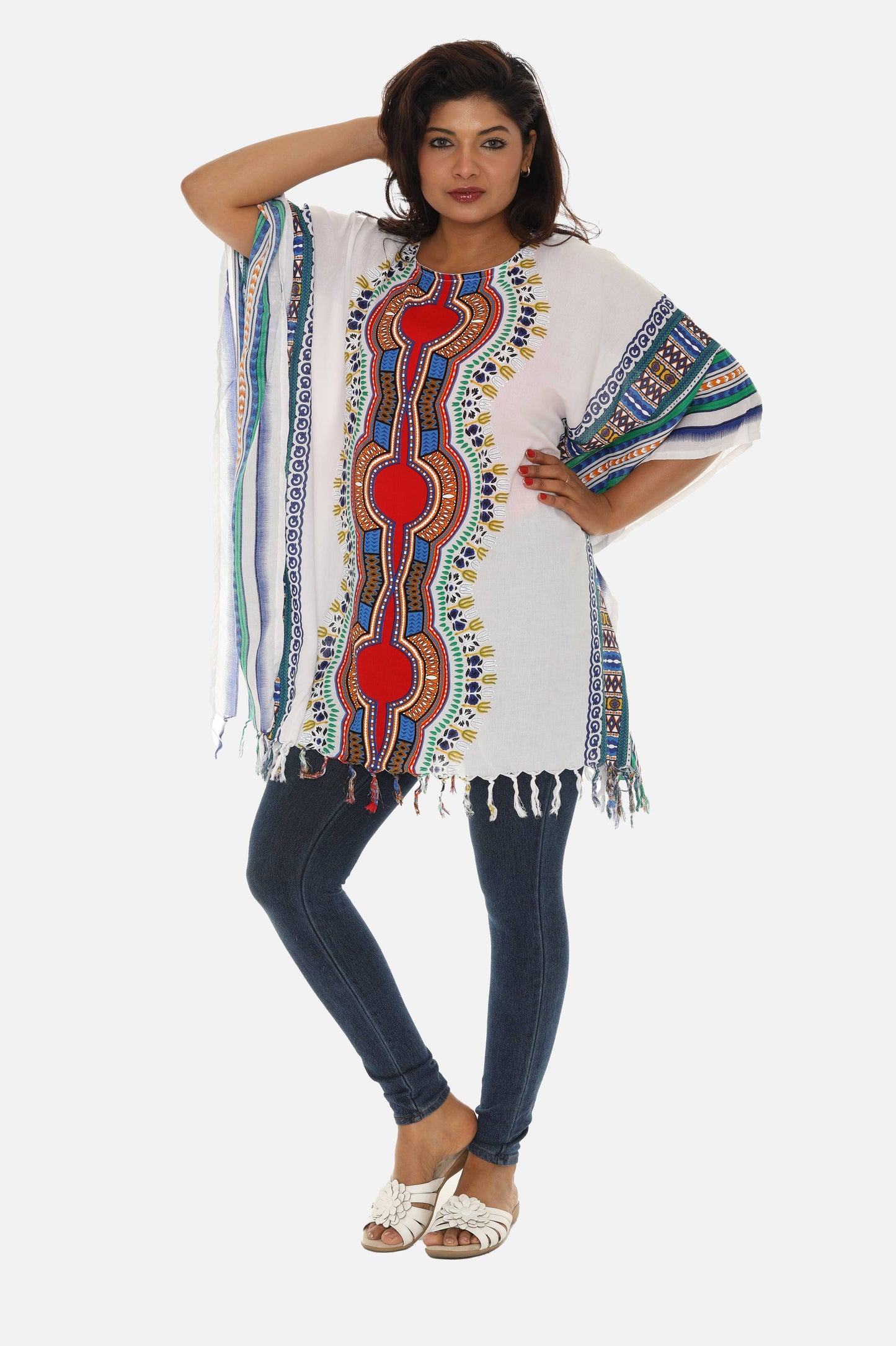 Shoreline Wear. INC - Bohemian Breeze: White Cotton Caftan with Multi-Colored Trib