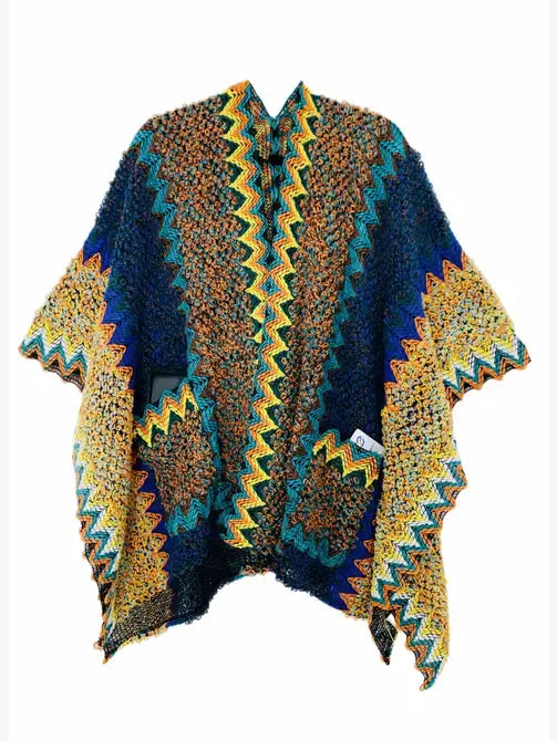 JC Sunny Fashion - JC063311 Pocket Colorful Crochet Patterned Ruana