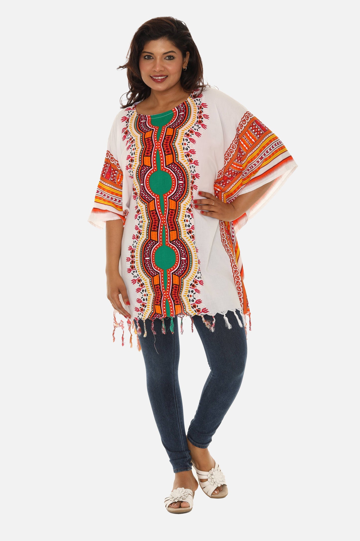 Shoreline Wear. INC - Bohemian Breeze: White Cotton Caftan with Multi-Colored Trib