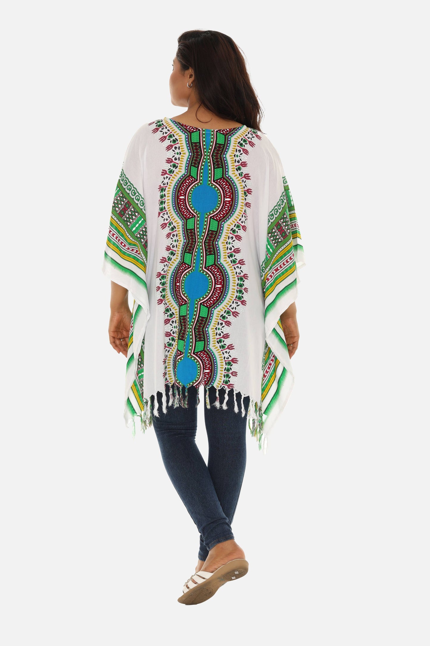 Shoreline Wear. INC - Bohemian Breeze: White Cotton Caftan with Multi-Colored Trib