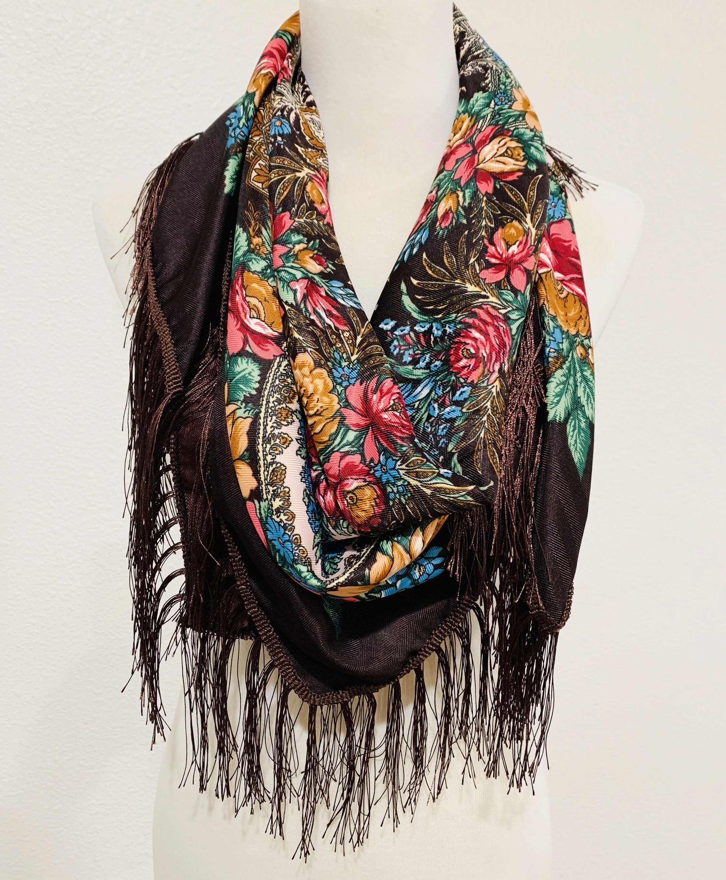 JC Sunny Fashion - JC023321 Western Vibe Long Fringe Floral Square Scarf/Shawl