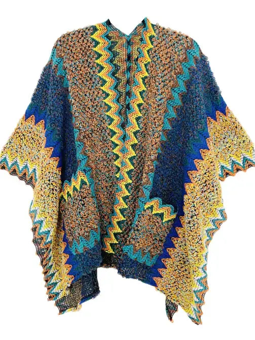 JC Sunny Fashion - JC063311 Pocket Colorful Crochet Patterned Ruana