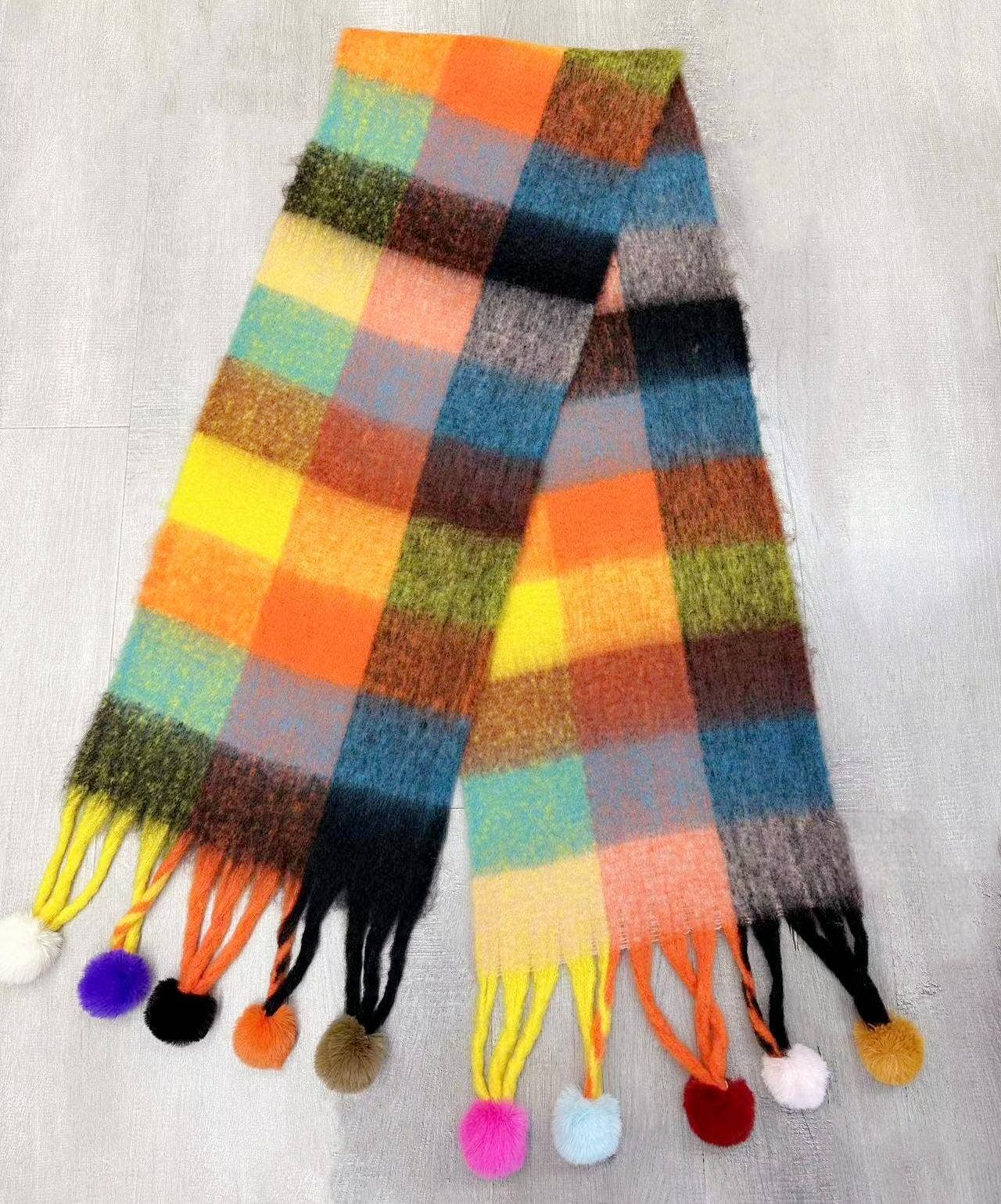 JC Sunny Fashion - JC023504 Colorful Plaid Fuzzy Pompom Scarf