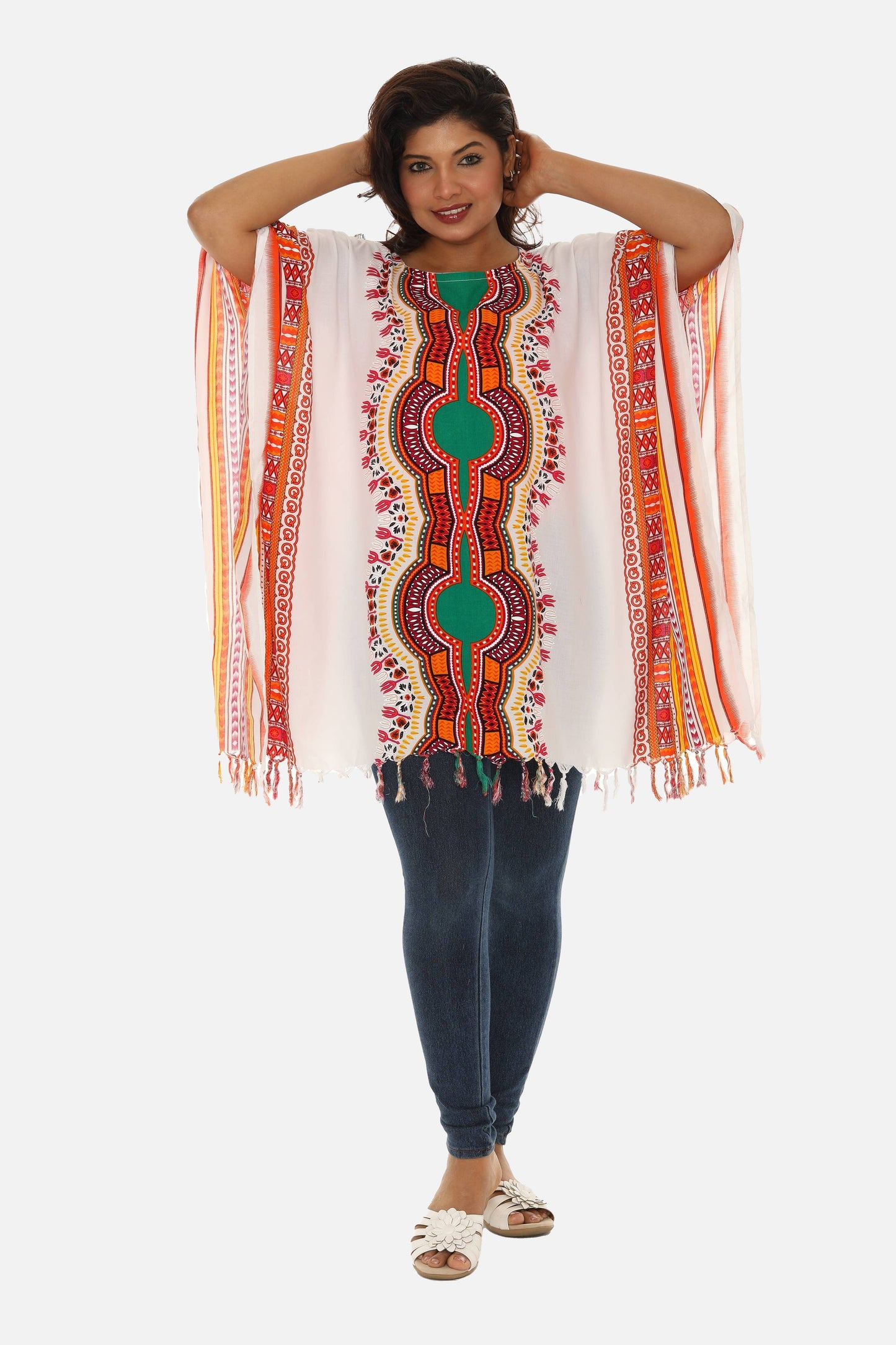 Shoreline Wear. INC - Bohemian Breeze: White Cotton Caftan with Multi-Colored Trib