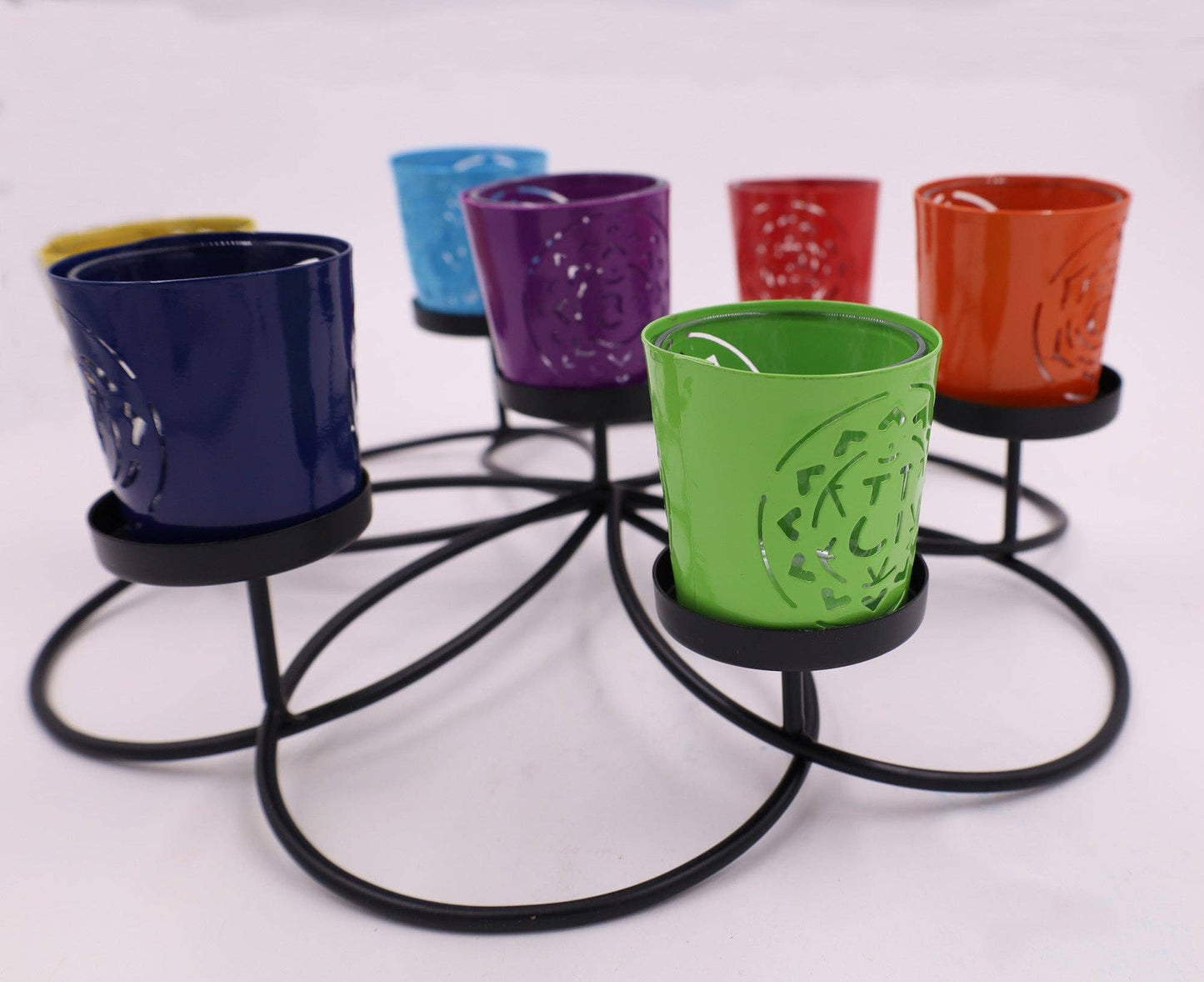 Large Round Set of 7 Chakra Symbols Votive Tea Light Candle Holder