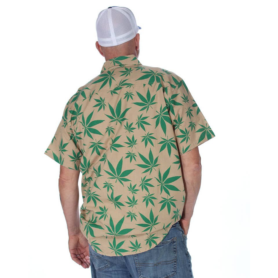 Jayli Clothing - Short Sleeve Cotton Pot Leaf Print Shirt Hand Printed