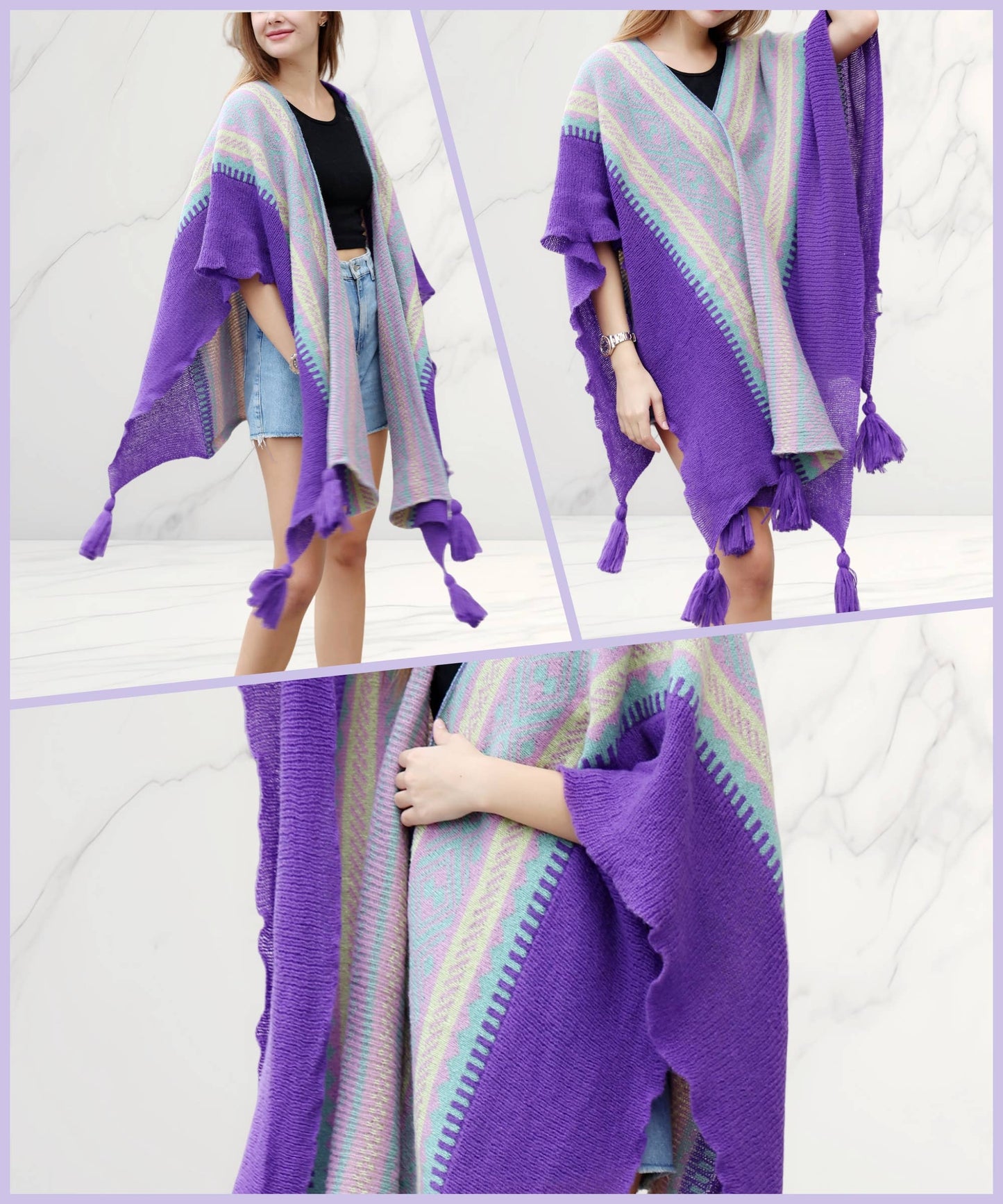 JC Sunny Fashion - Knitted Open Front Poncho with Traditional Ethnic Patterns