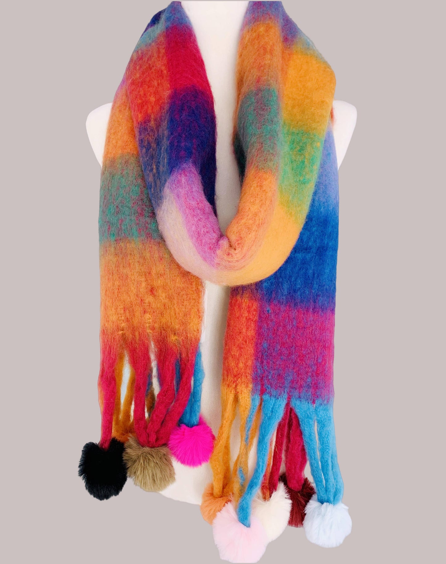 JC Sunny Fashion - JC023504 Colorful Plaid Fuzzy Pompom Scarf