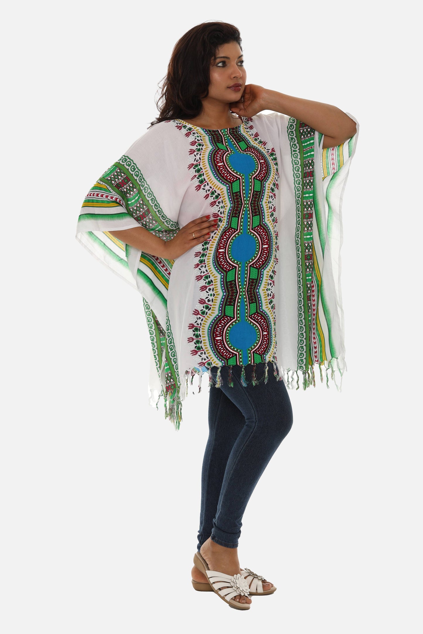 Shoreline Wear. INC - Bohemian Breeze: White Cotton Caftan with Multi-Colored Trib