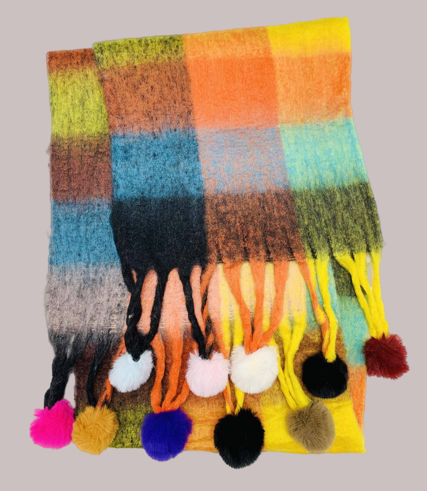 JC Sunny Fashion - JC023504 Colorful Plaid Fuzzy Pompom Scarf