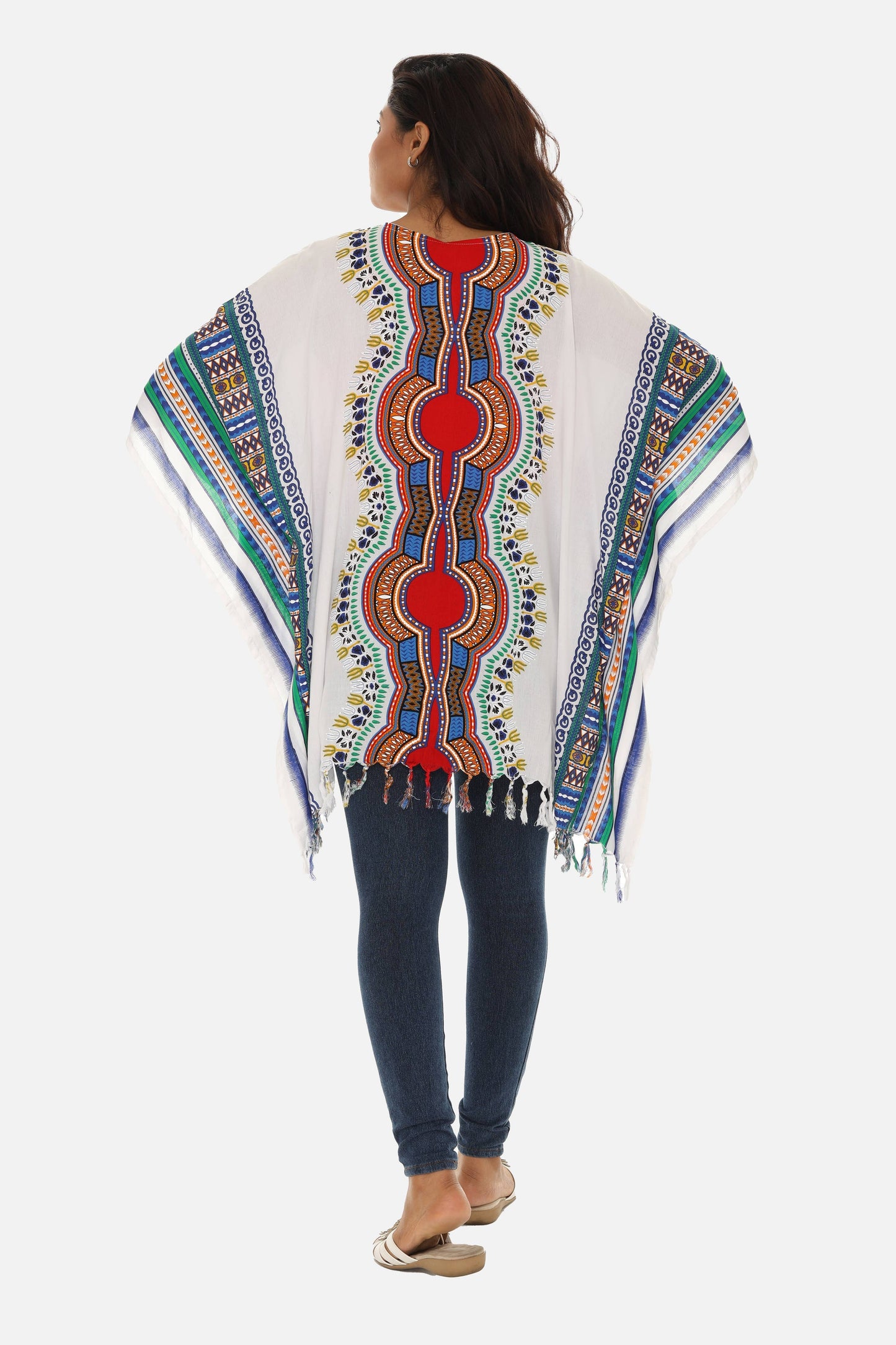 Shoreline Wear. INC - Bohemian Breeze: White Cotton Caftan with Multi-Colored Trib