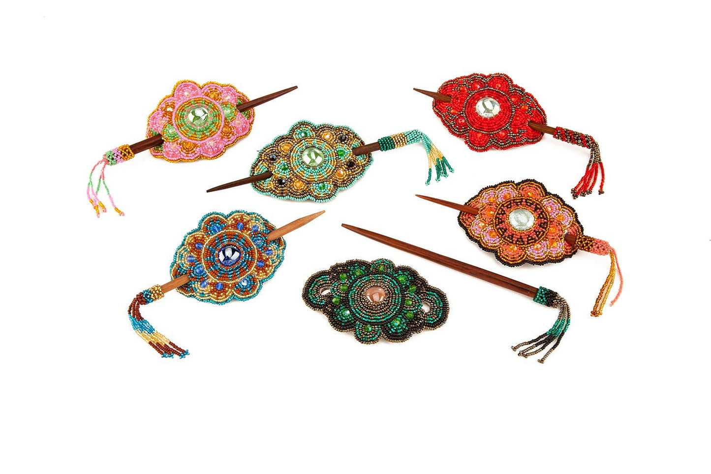 Pichincha - Large Beaded Mandala Barrette Seed Bead Fringe Hair Stick