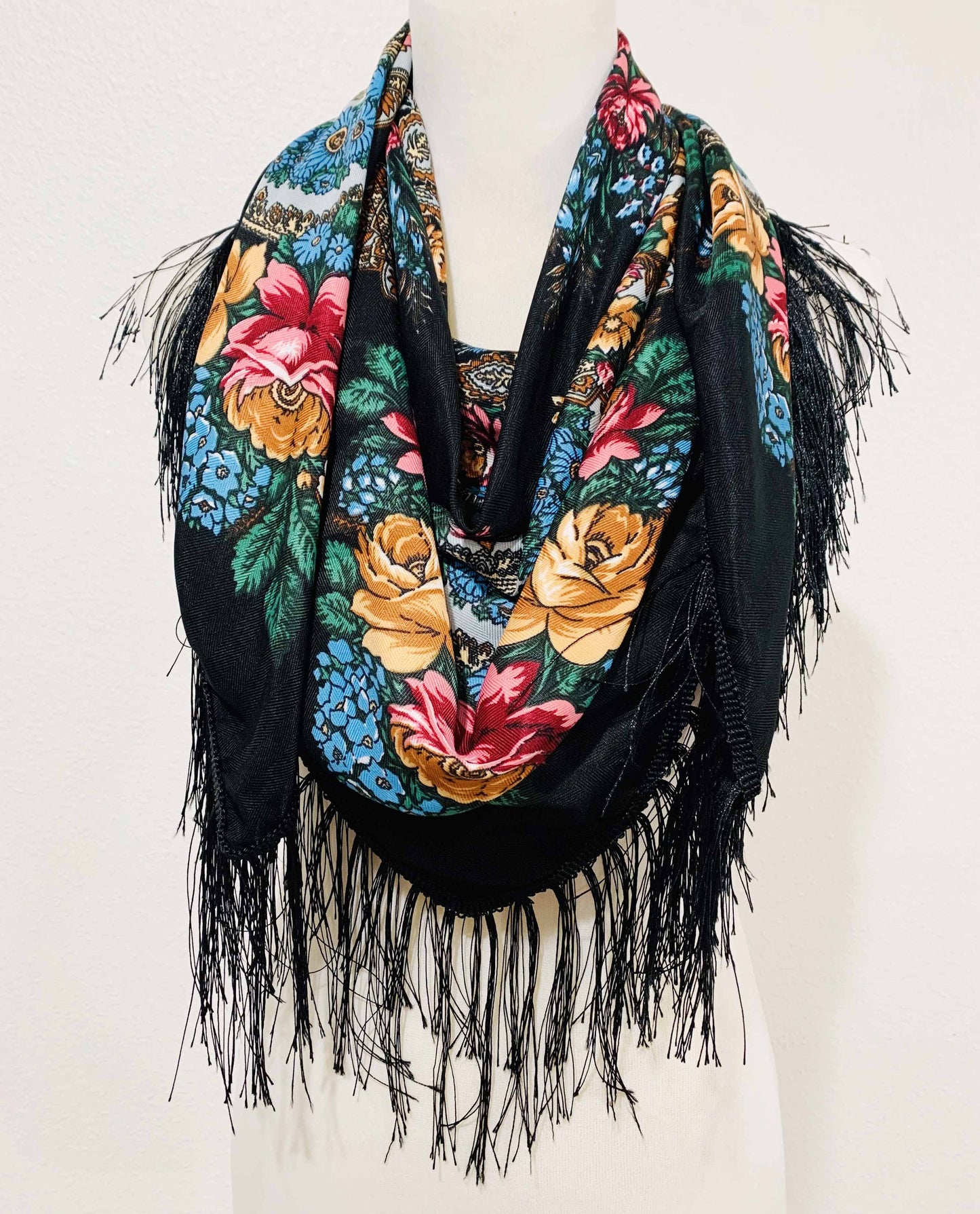 JC Sunny Fashion - JC023321 Western Vibe Long Fringe Floral Square Scarf/Shawl