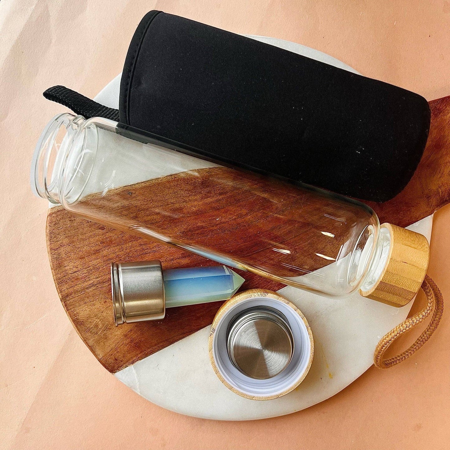 Moonstone Crystal Water Bottle with case | Crystal Infused Water | Moon Water | Glass Water bottle