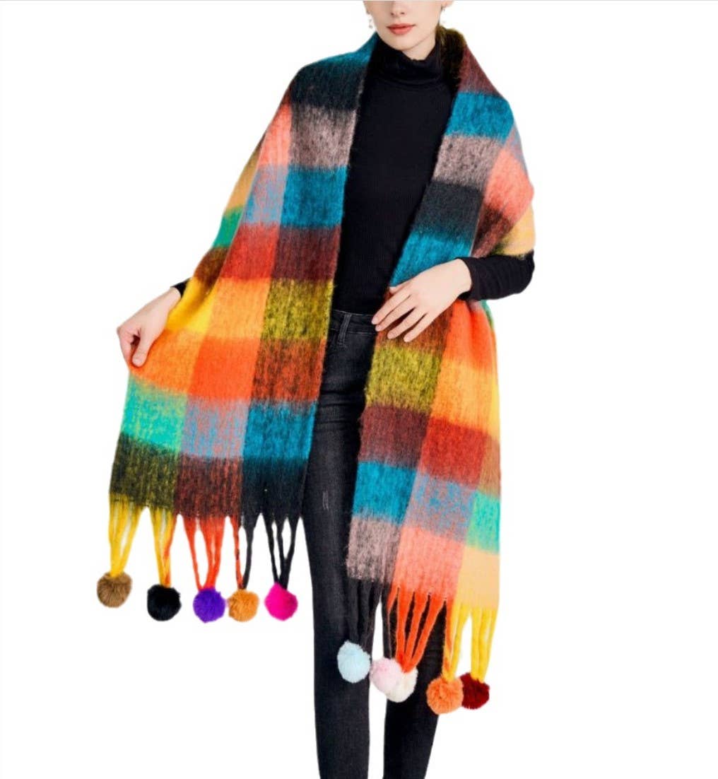 JC Sunny Fashion - JC023504 Colorful Plaid Fuzzy Pompom Scarf
