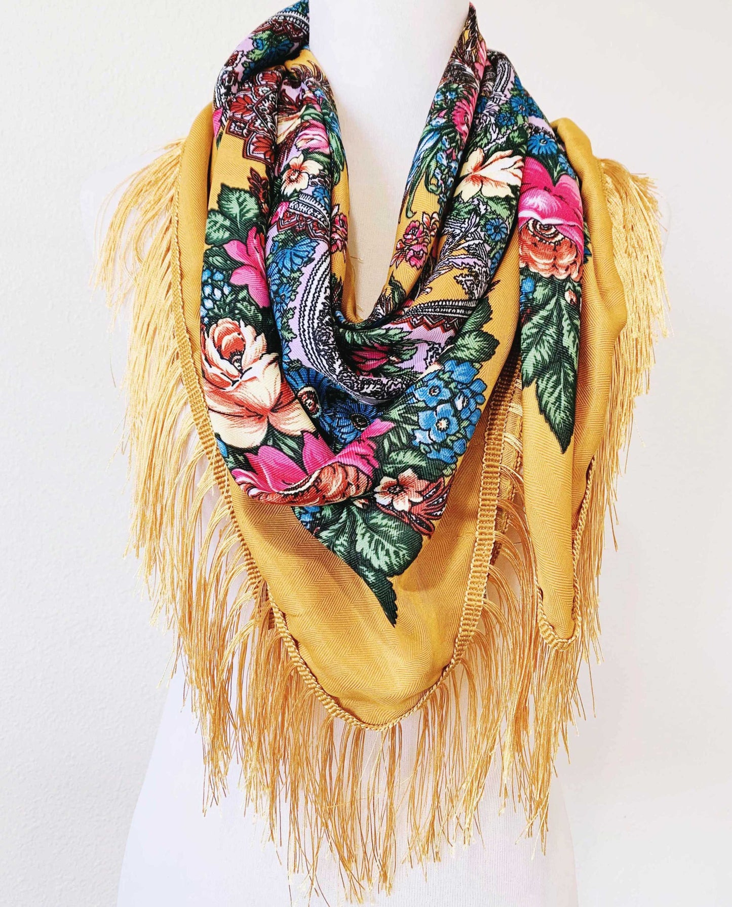 JC Sunny Fashion - JC023321 Western Vibe Long Fringe Floral Square Scarf/Shawl