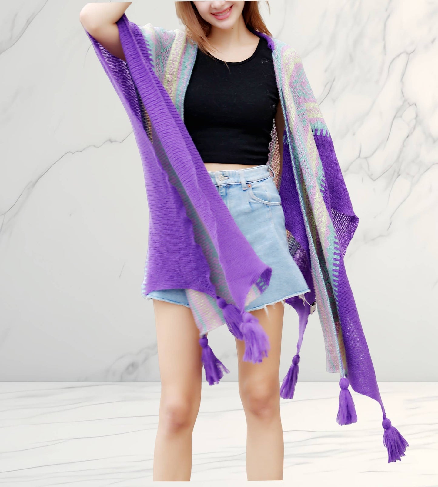 JC Sunny Fashion - Knitted Open Front Poncho with Traditional Ethnic Patterns