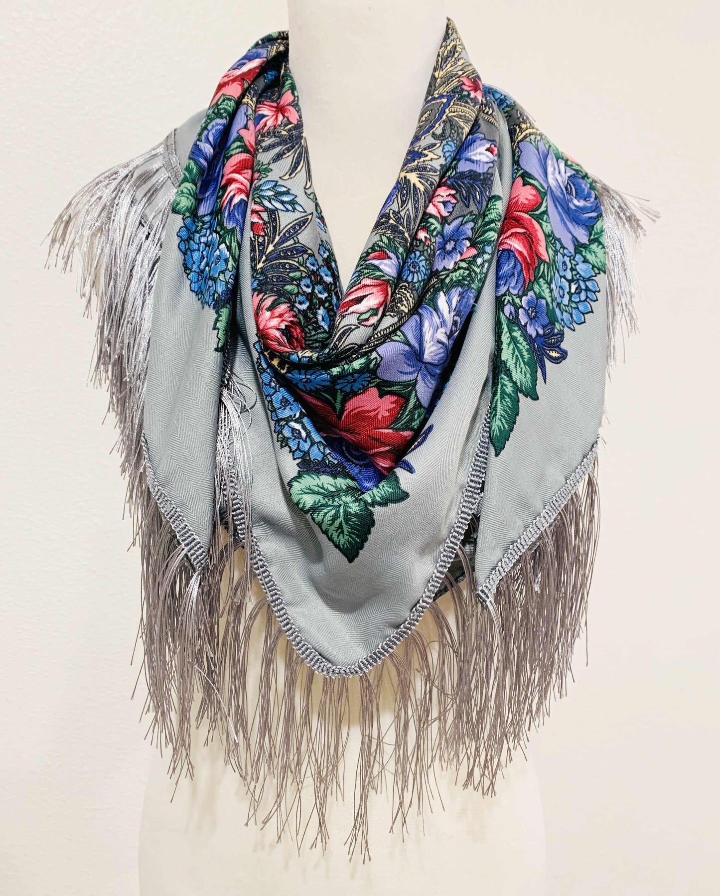 JC Sunny Fashion - JC023321 Western Vibe Long Fringe Floral Square Scarf/Shawl