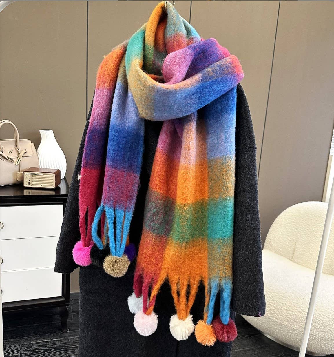 JC Sunny Fashion - JC023504 Colorful Plaid Fuzzy Pompom Scarf