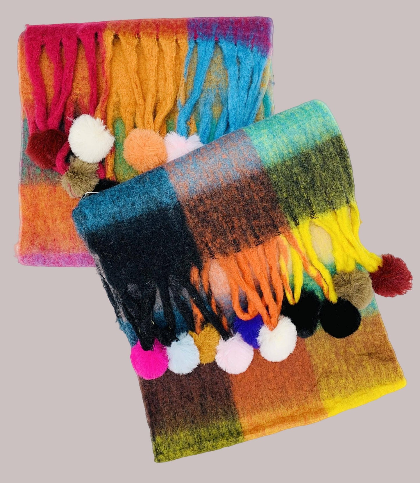 JC Sunny Fashion - JC023504 Colorful Plaid Fuzzy Pompom Scarf