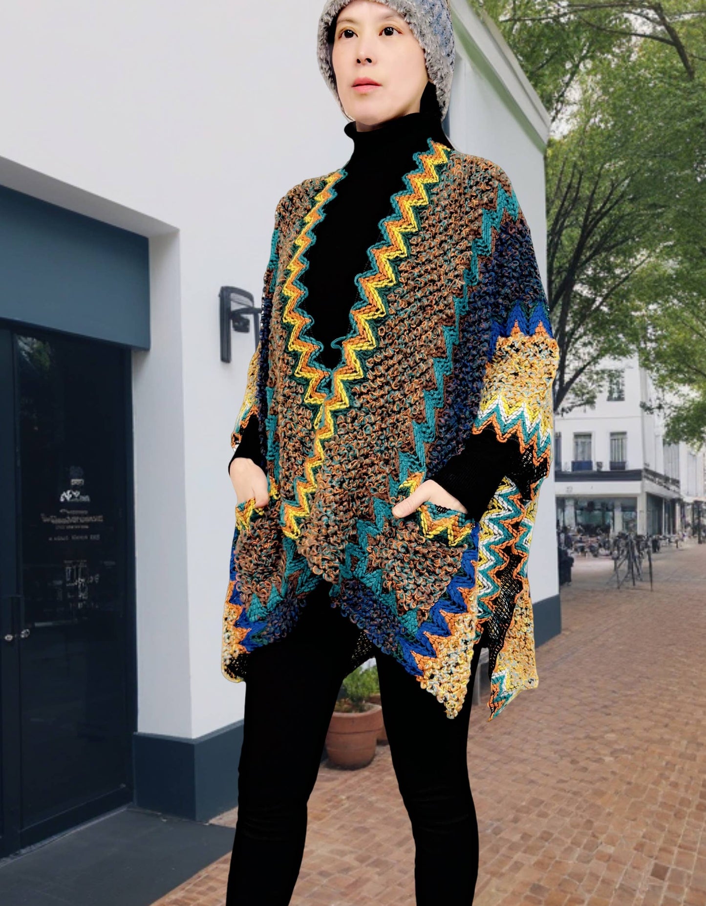 JC Sunny Fashion - JC063311 Pocket Colorful Crochet Patterned Ruana