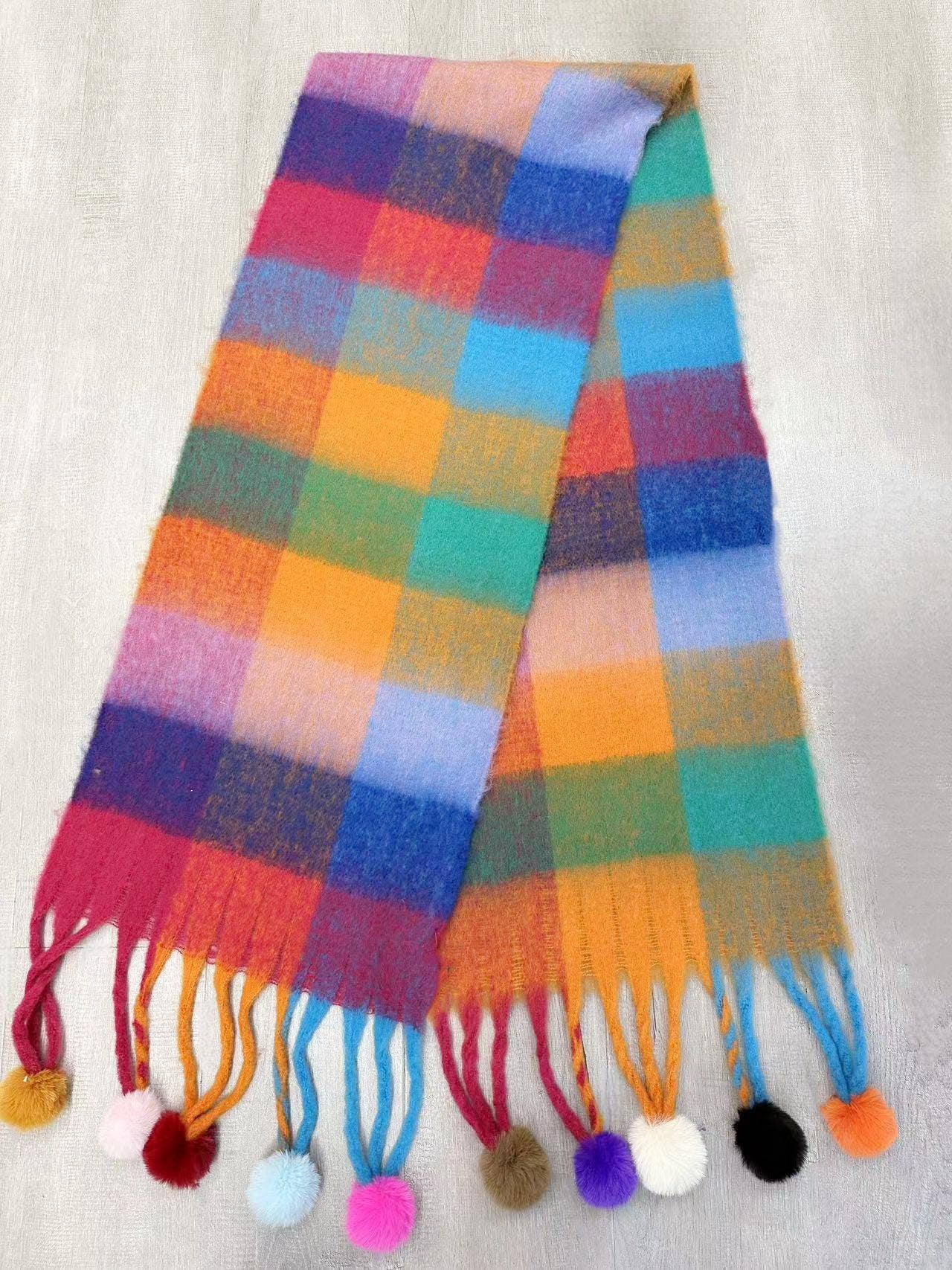 JC Sunny Fashion - JC023504 Colorful Plaid Fuzzy Pompom Scarf