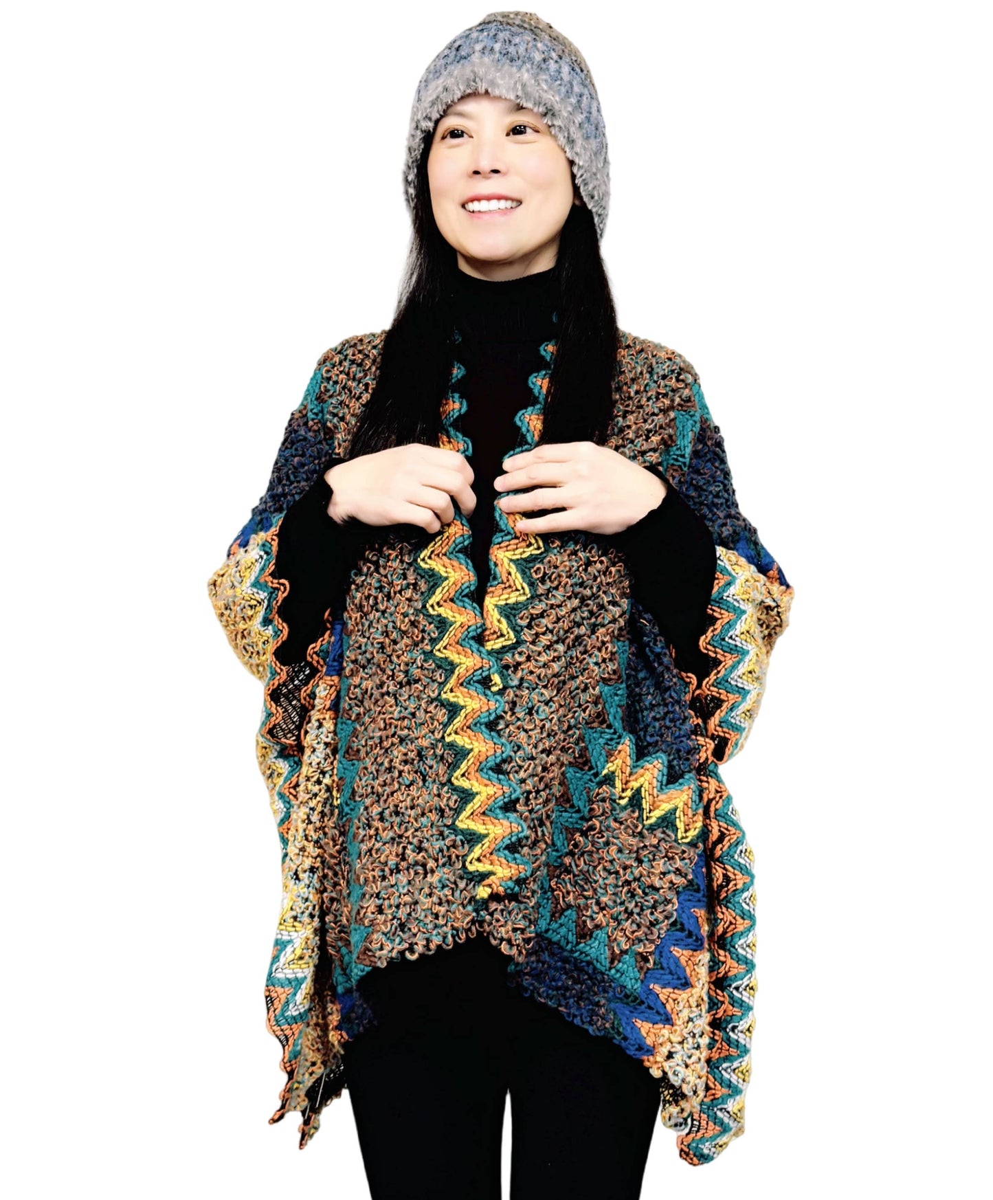 JC Sunny Fashion - JC063311 Pocket Colorful Crochet Patterned Ruana