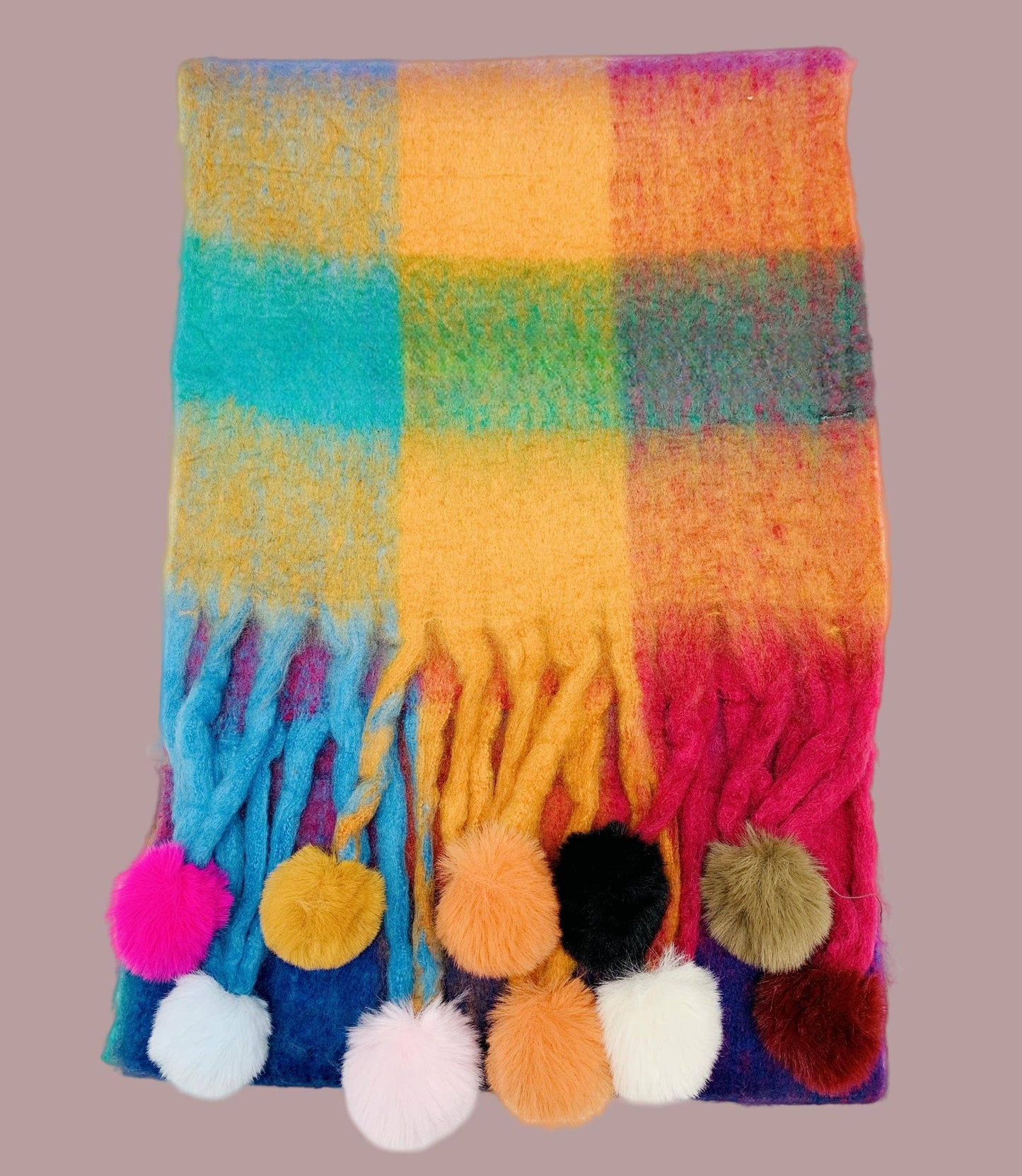 JC Sunny Fashion - JC023504 Colorful Plaid Fuzzy Pompom Scarf