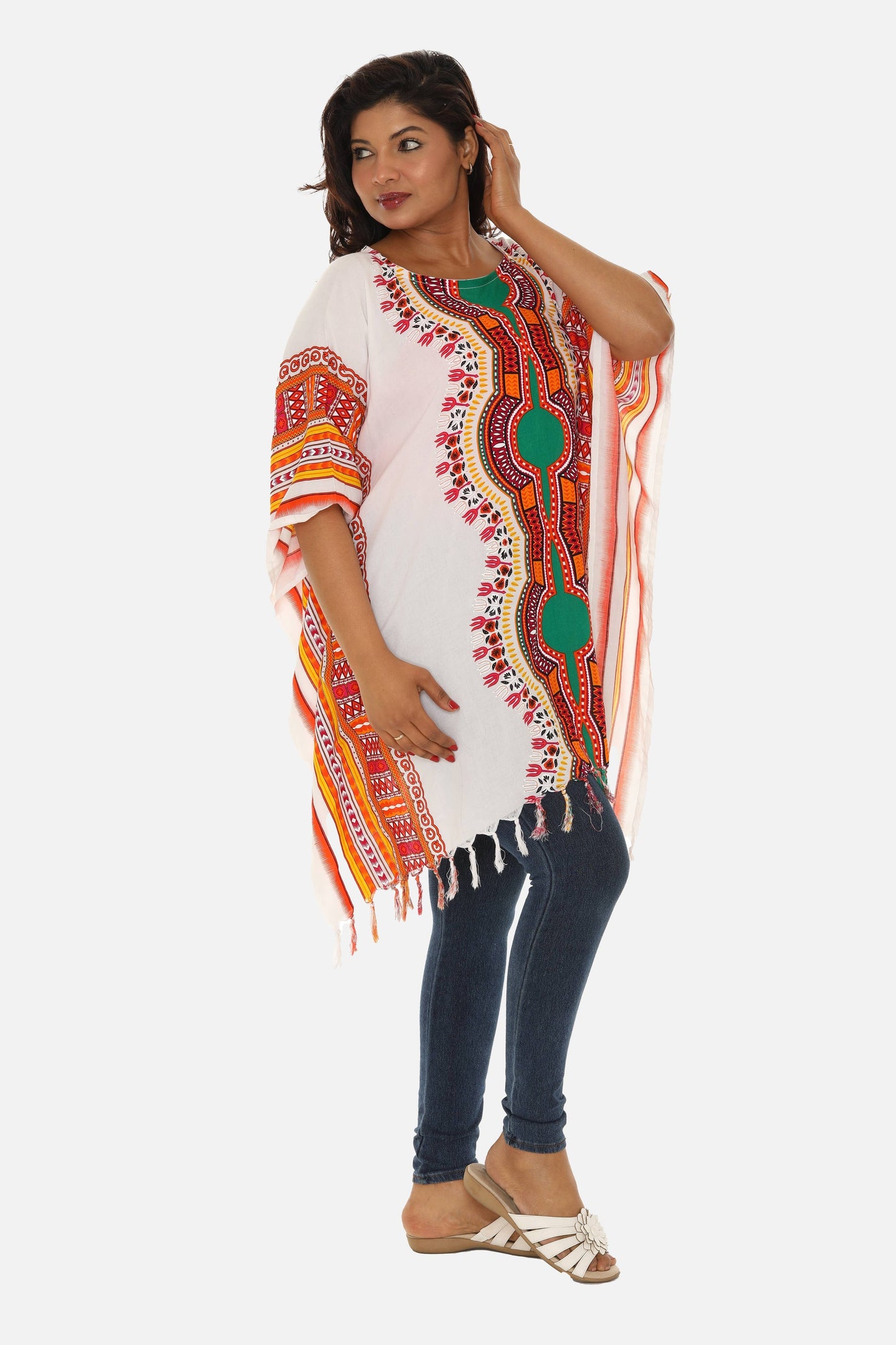 Shoreline Wear. INC - Bohemian Breeze: White Cotton Caftan with Multi-Colored Trib