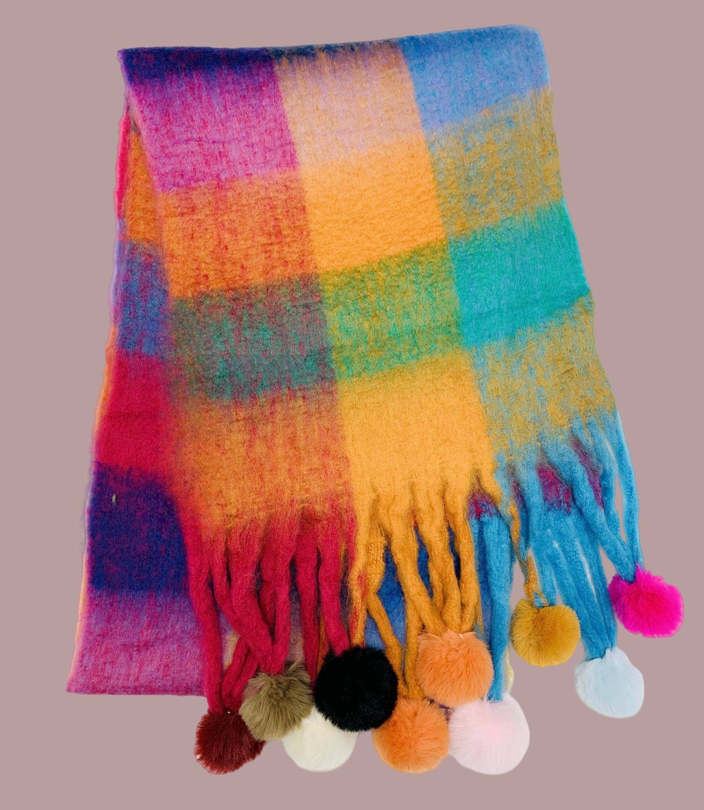 JC Sunny Fashion - JC023504 Colorful Plaid Fuzzy Pompom Scarf