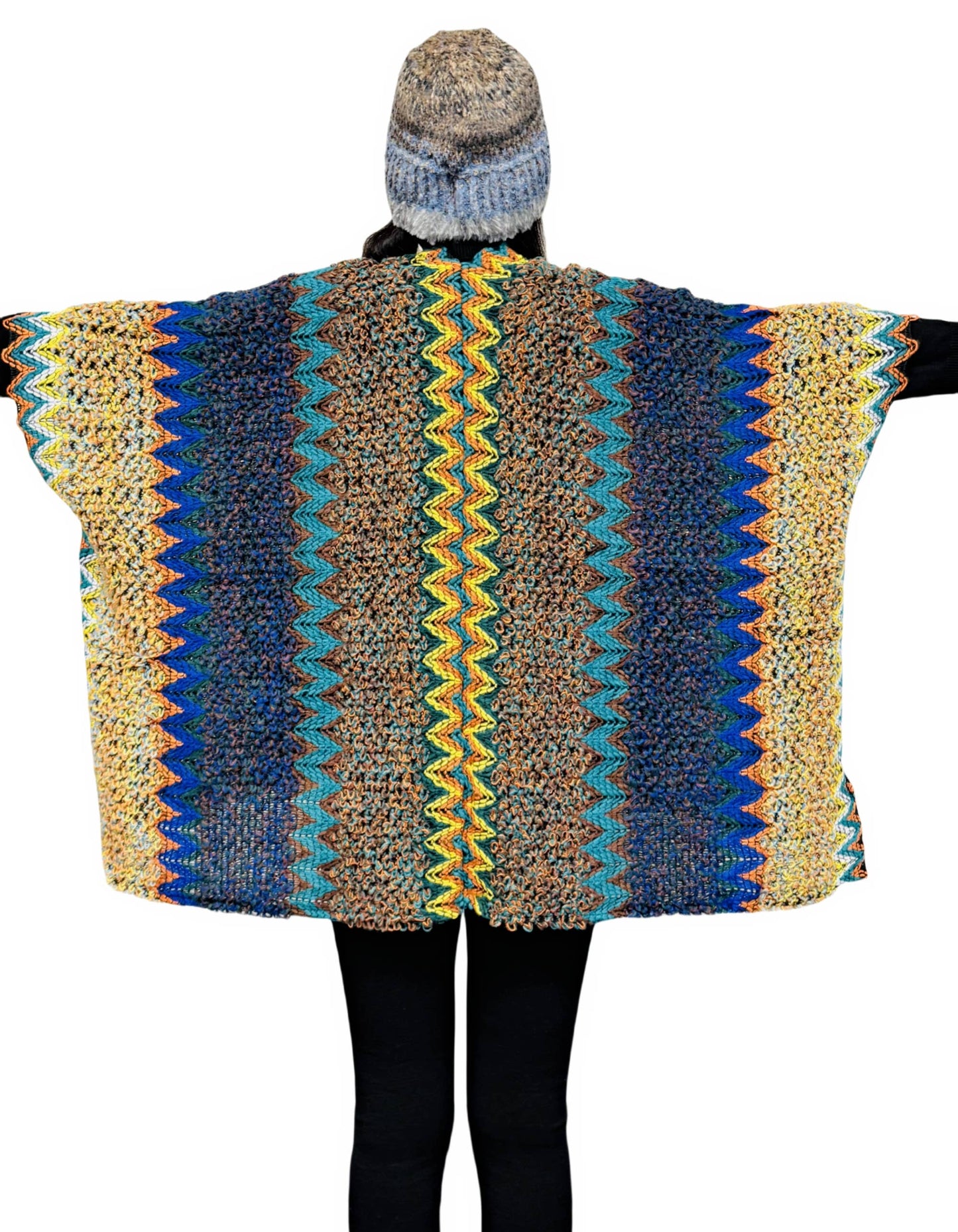 JC Sunny Fashion - JC063311 Pocket Colorful Crochet Patterned Ruana