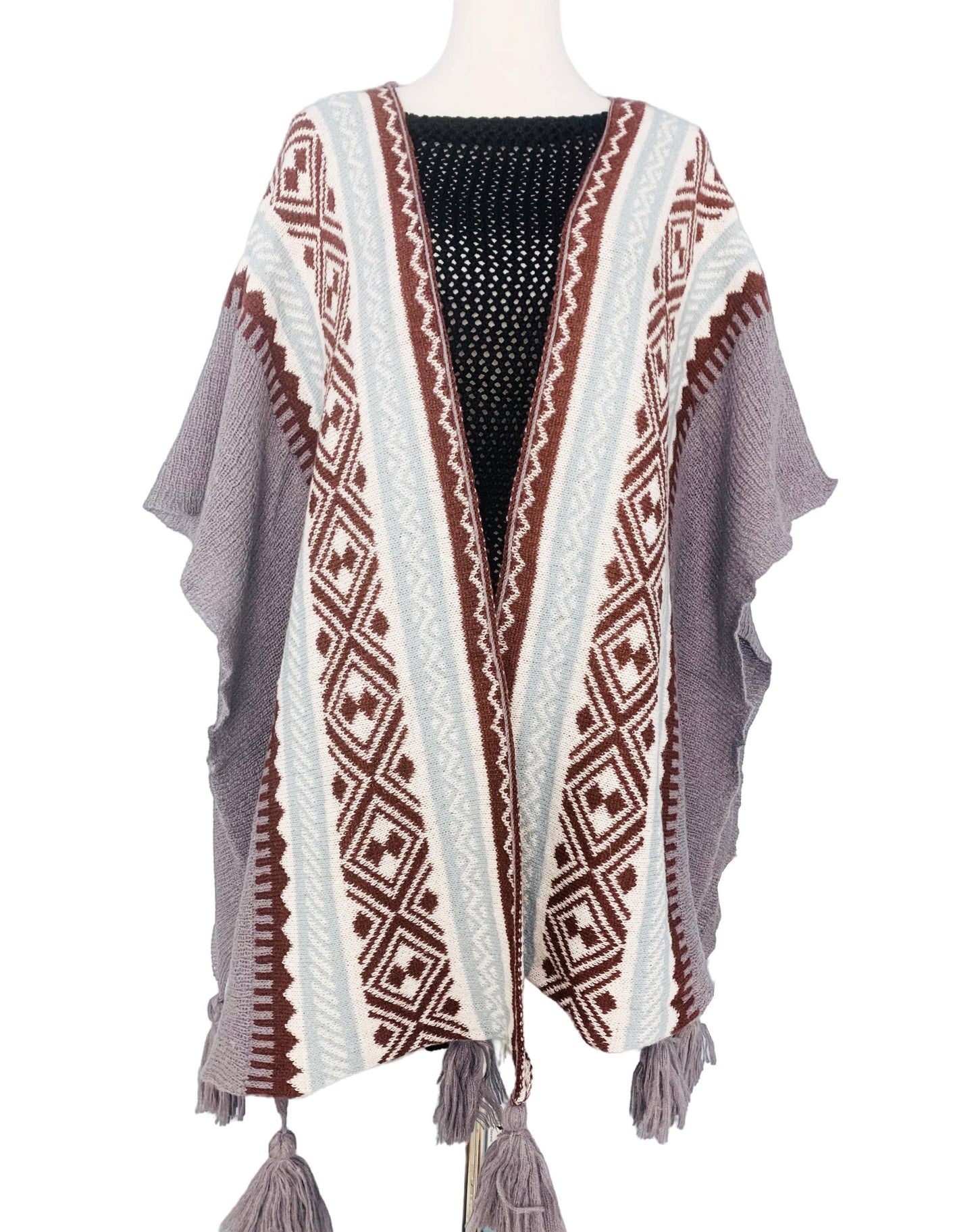 JC Sunny Fashion - Knitted Open Front Poncho with Traditional Ethnic Patterns