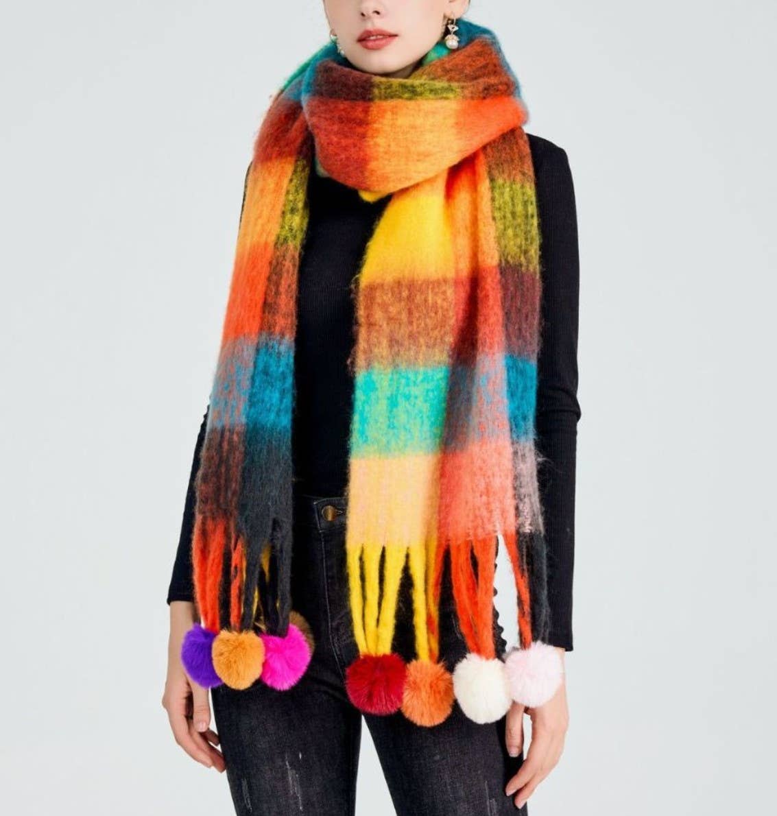 JC Sunny Fashion - JC023504 Colorful Plaid Fuzzy Pompom Scarf
