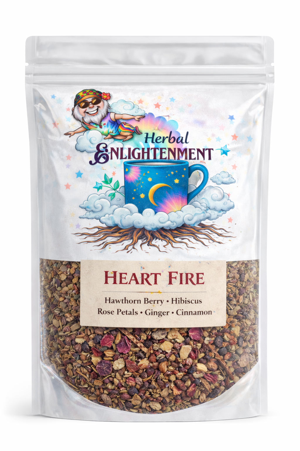 Heart Fire herbal tea blend with hawthorn berry, hibiscus, rose petals, ginger, and cinnamon for heart and circulation support