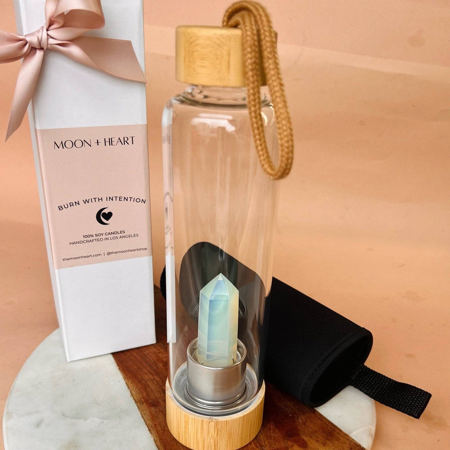 Moonstone Crystal Water Bottle with case | Crystal Infused Water | Moon Water | Glass Water bottle