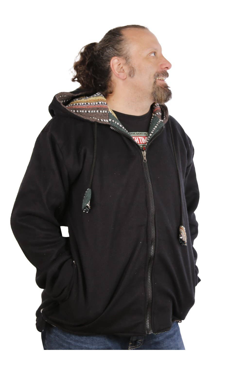 Reversible Fleece Lined Woven Baja Style Hoodie Zip Up Earth