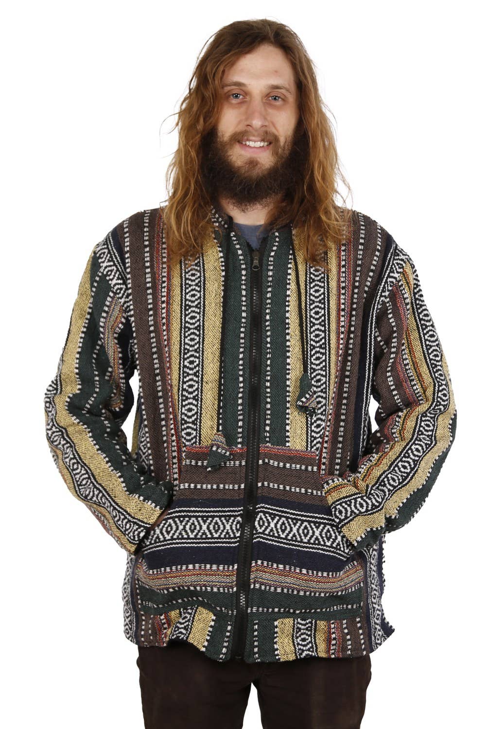 Reversible Fleece Lined Woven Baja Style Hoodie Zip Up Earth