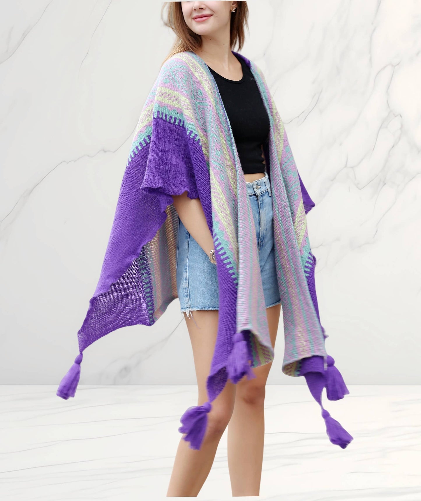 JC Sunny Fashion - Knitted Open Front Poncho with Traditional Ethnic Patterns