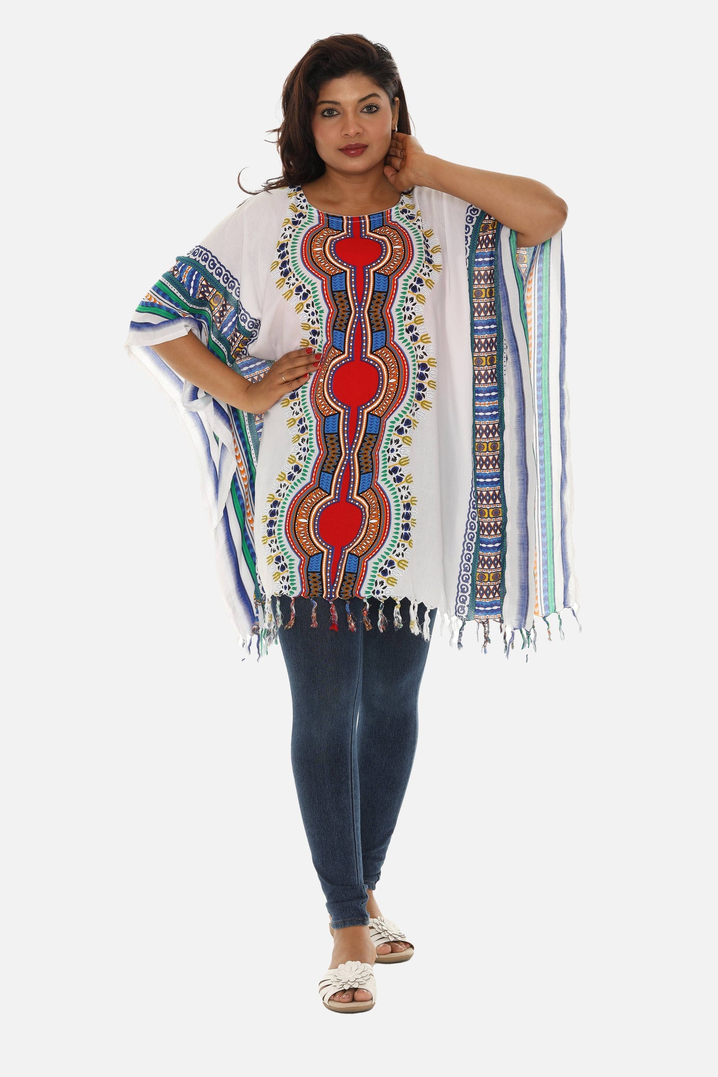 Shoreline Wear. INC - Bohemian Breeze: White Cotton Caftan with Multi-Colored Trib