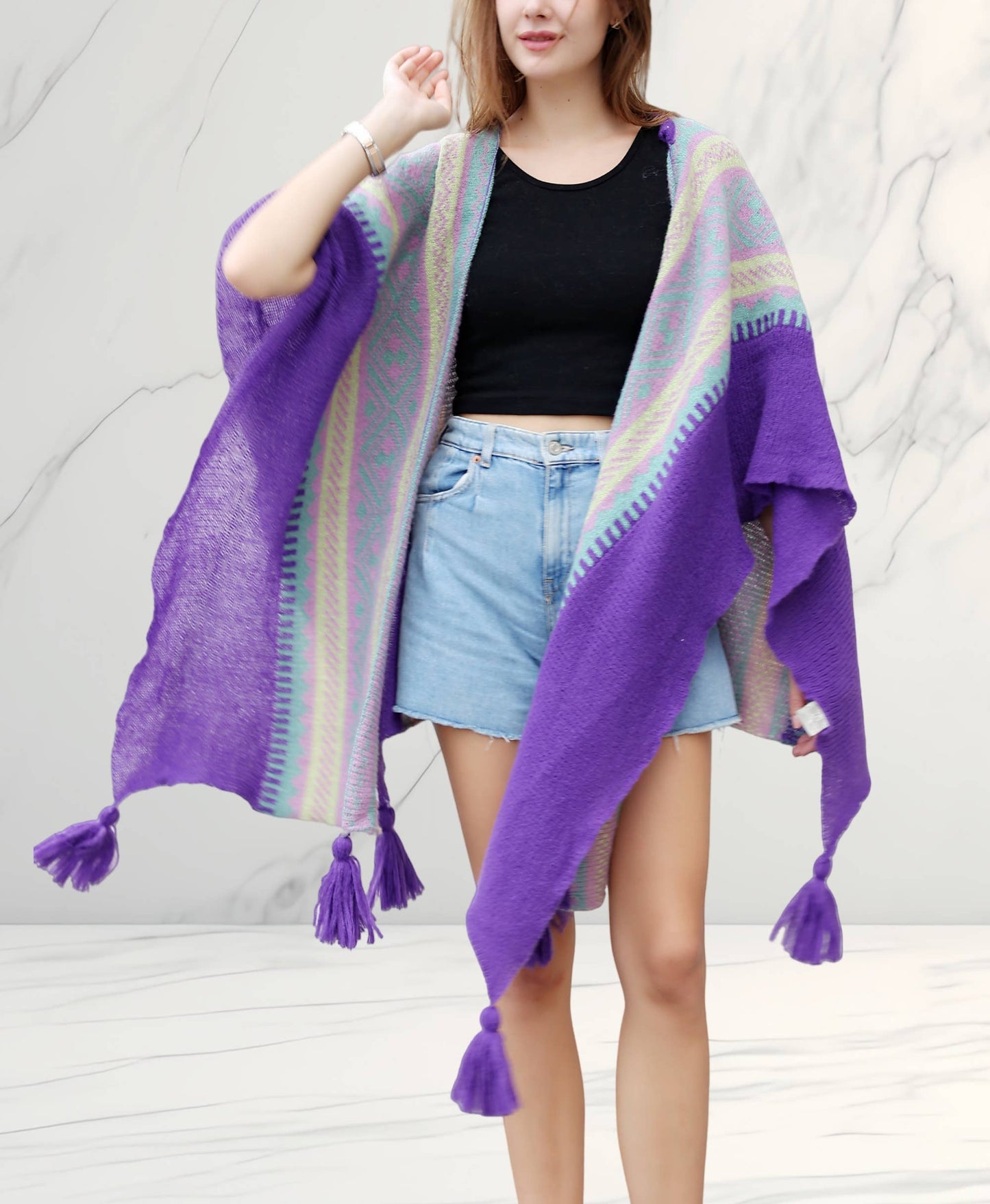 JC Sunny Fashion - Knitted Open Front Poncho with Traditional Ethnic Patterns