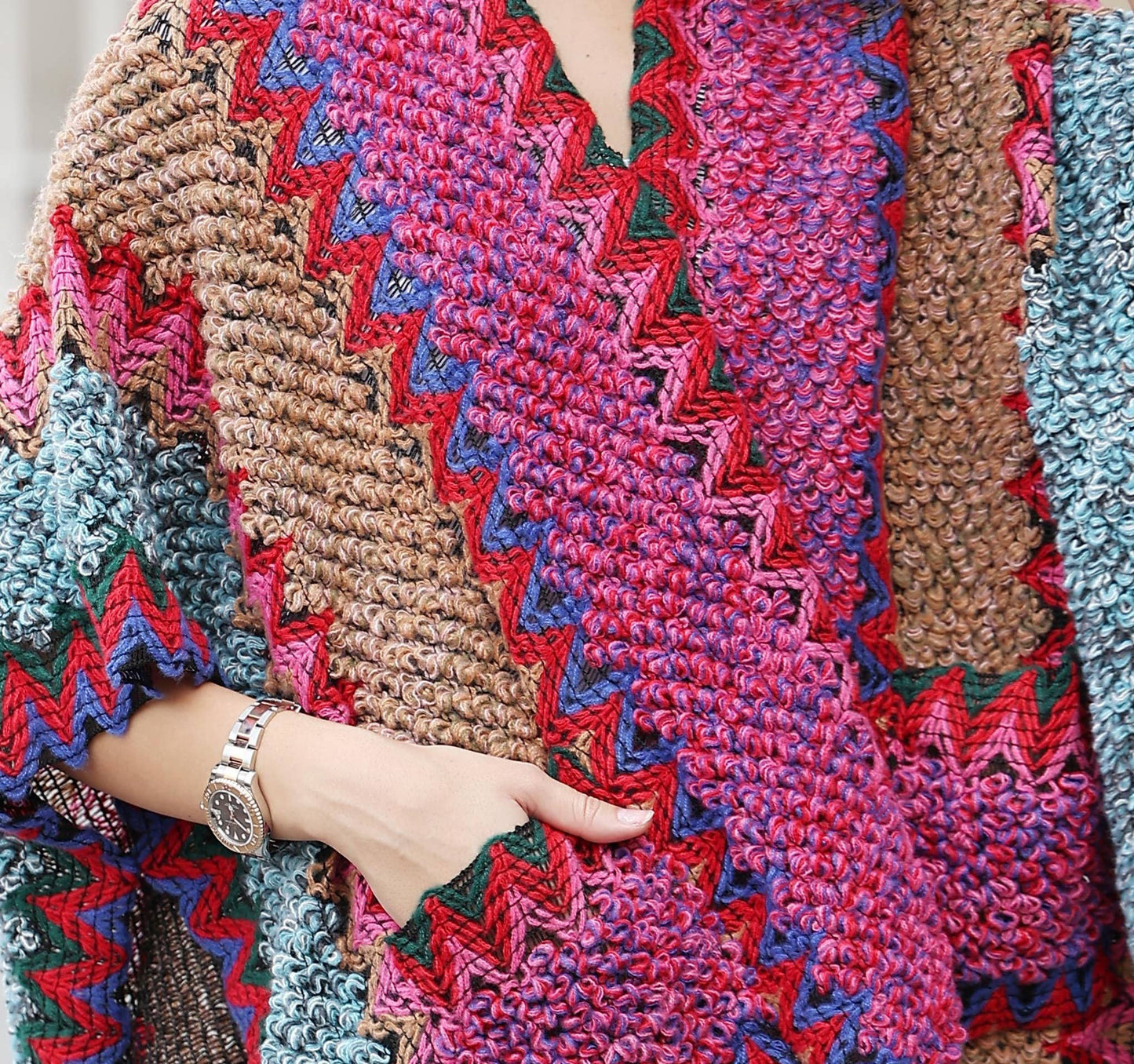 JC Sunny Fashion - JC063311 Pocket Colorful Crochet Patterned Ruana