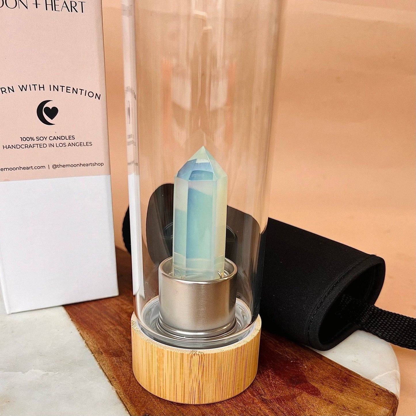 Moonstone Crystal Water Bottle with case | Crystal Infused Water | Moon Water | Glass Water bottle