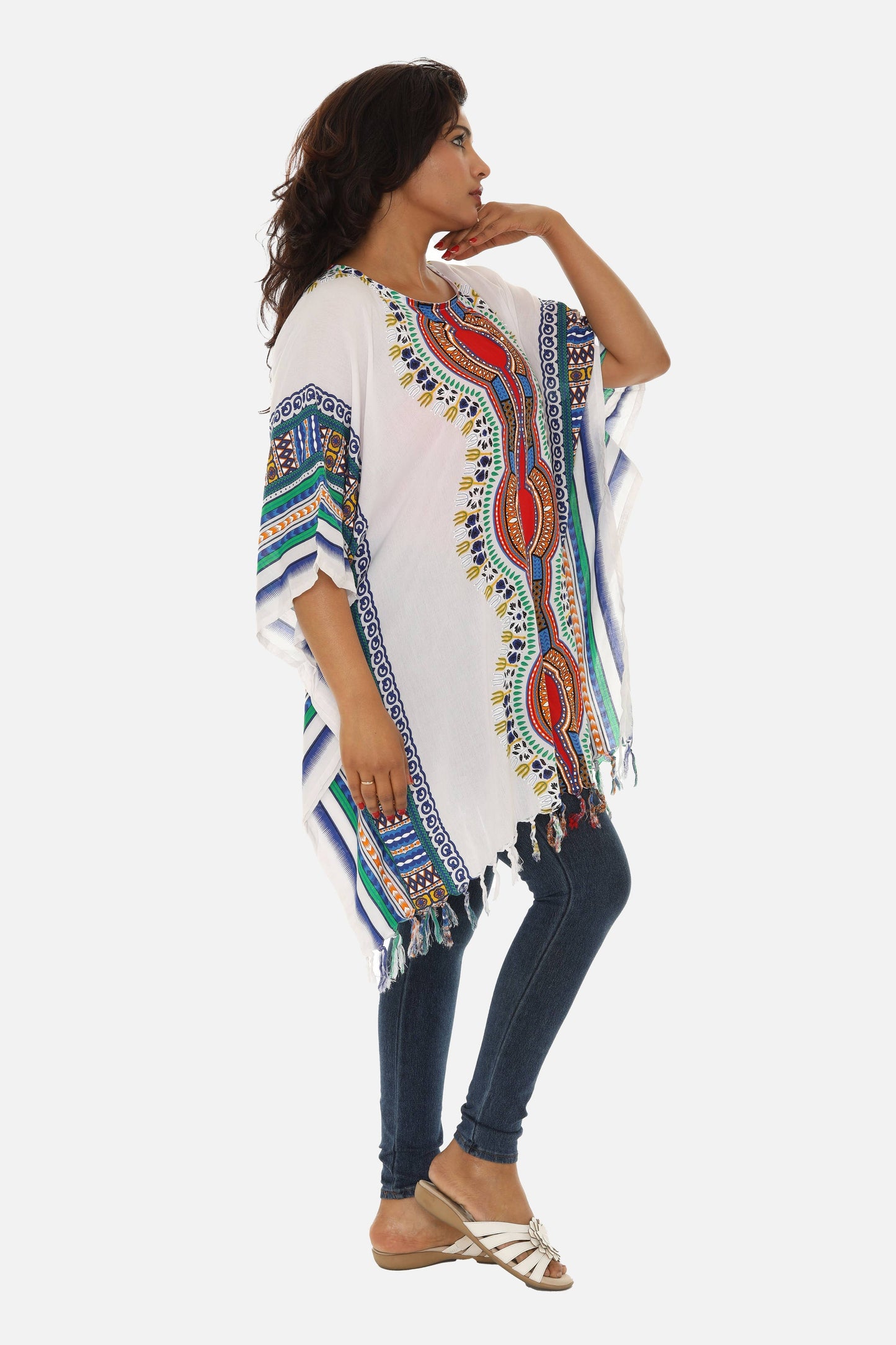 Shoreline Wear. INC - Bohemian Breeze: White Cotton Caftan with Multi-Colored Trib