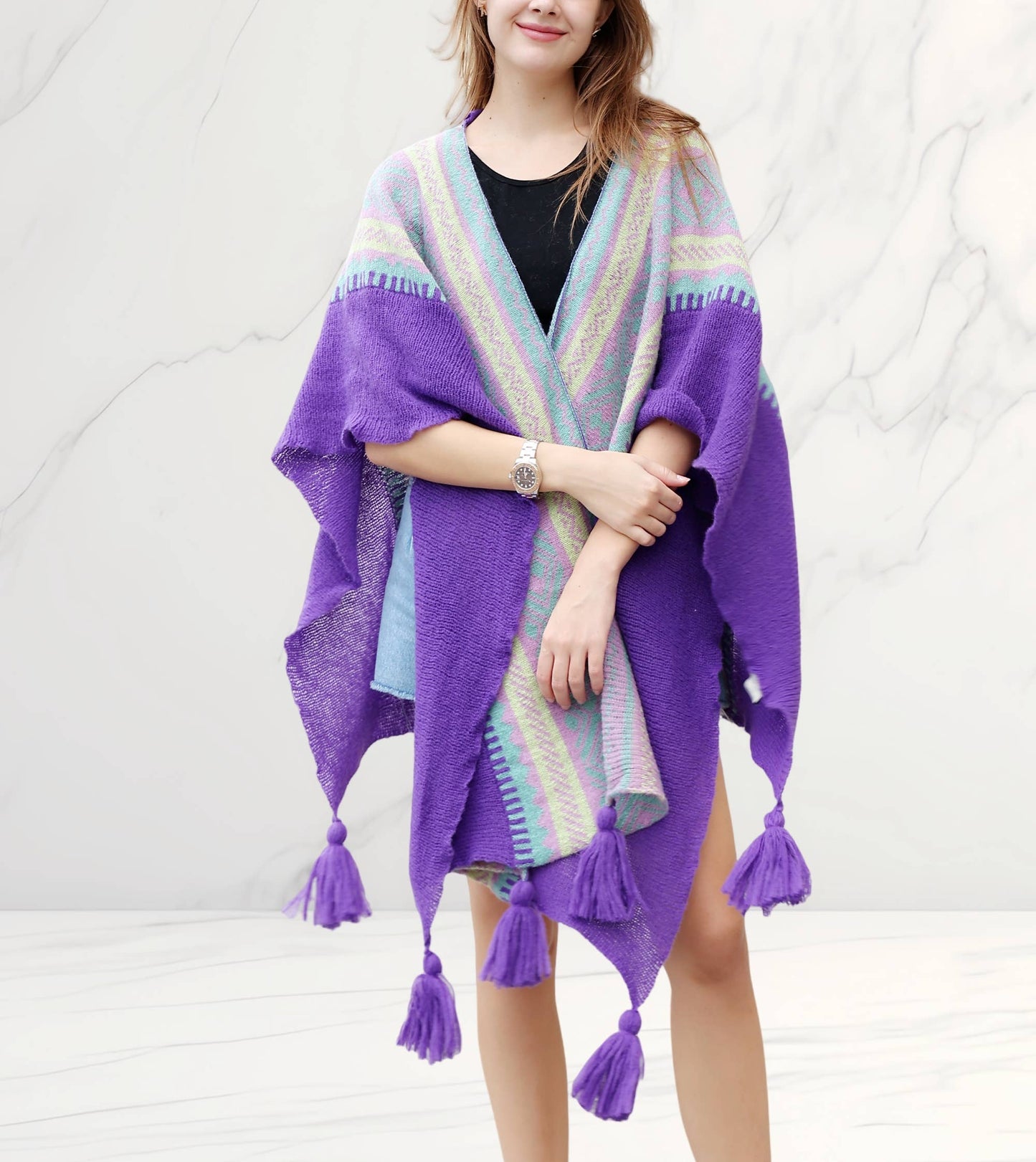 JC Sunny Fashion - Knitted Open Front Poncho with Traditional Ethnic Patterns