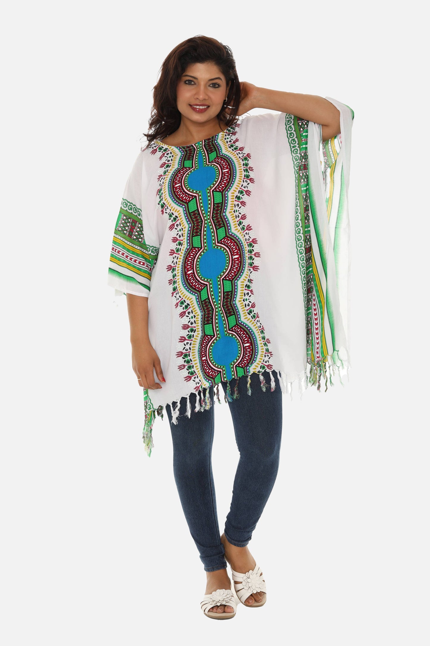 Shoreline Wear. INC - Bohemian Breeze: White Cotton Caftan with Multi-Colored Trib