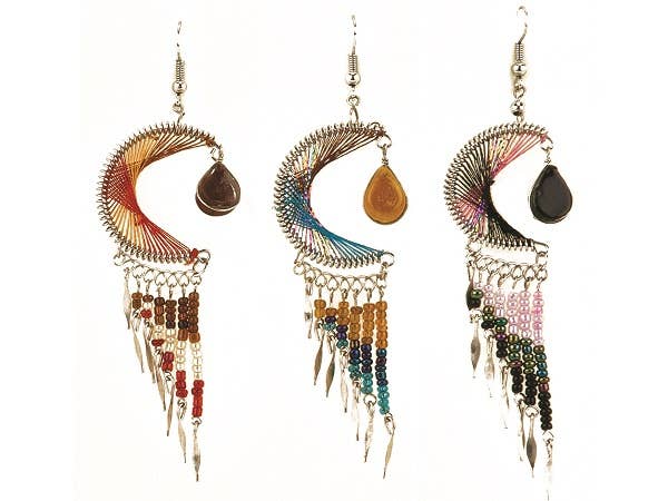 Pichincha - Large Thread Crescent Moon Long Beaded Metal Dangle Earrings