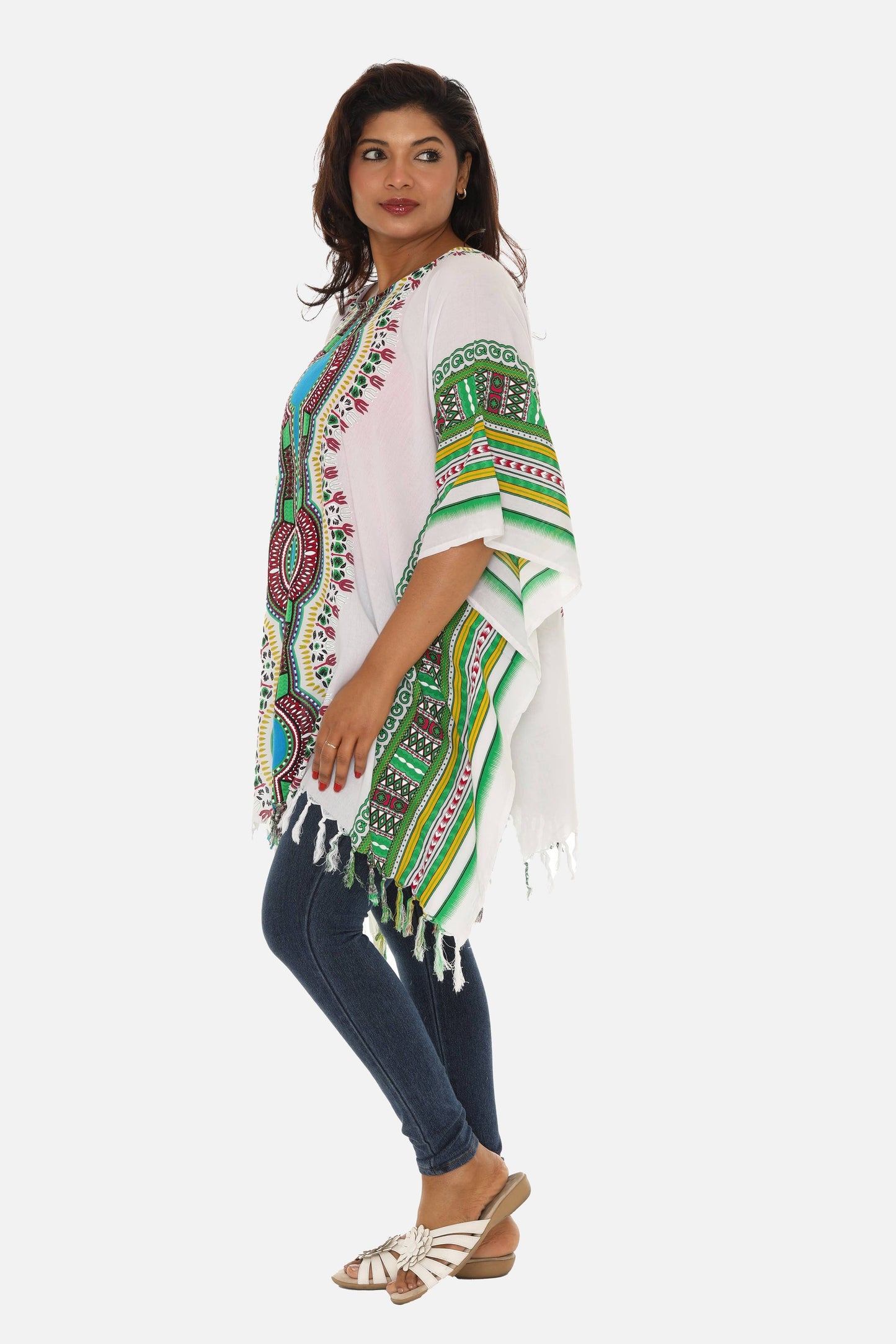 Shoreline Wear. INC - Bohemian Breeze: White Cotton Caftan with Multi-Colored Trib