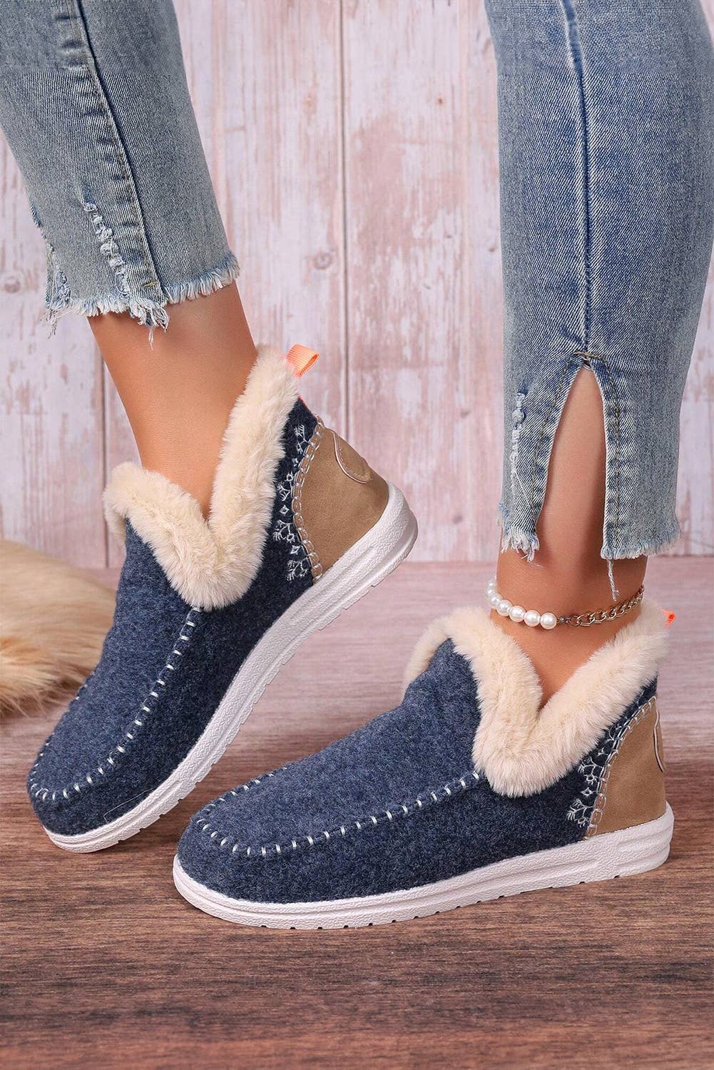 1 the Woman - Suede Stitching Patchwork Plush Lined Anklet Boots