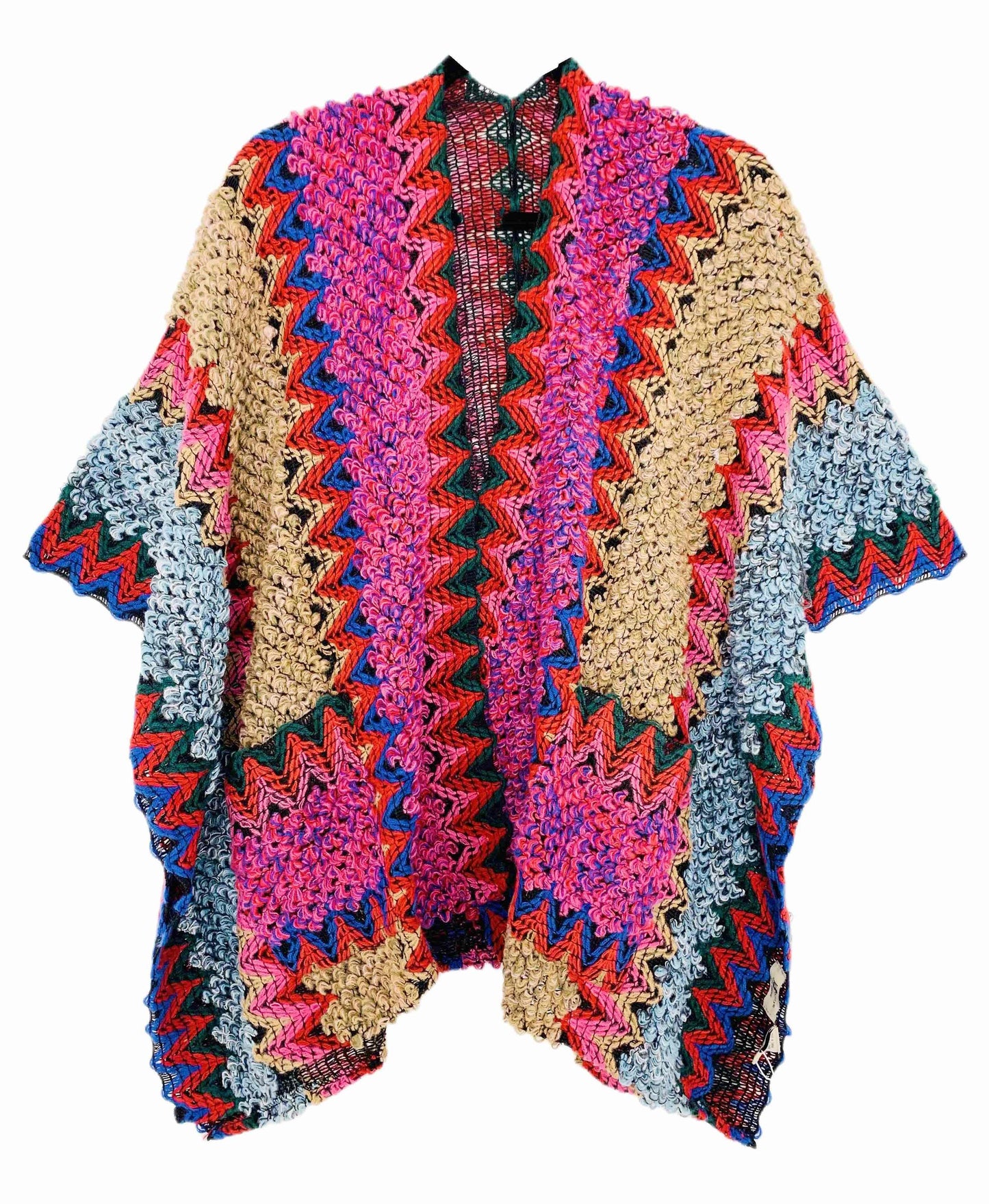 JC Sunny Fashion - JC063311 Pocket Colorful Crochet Patterned Ruana